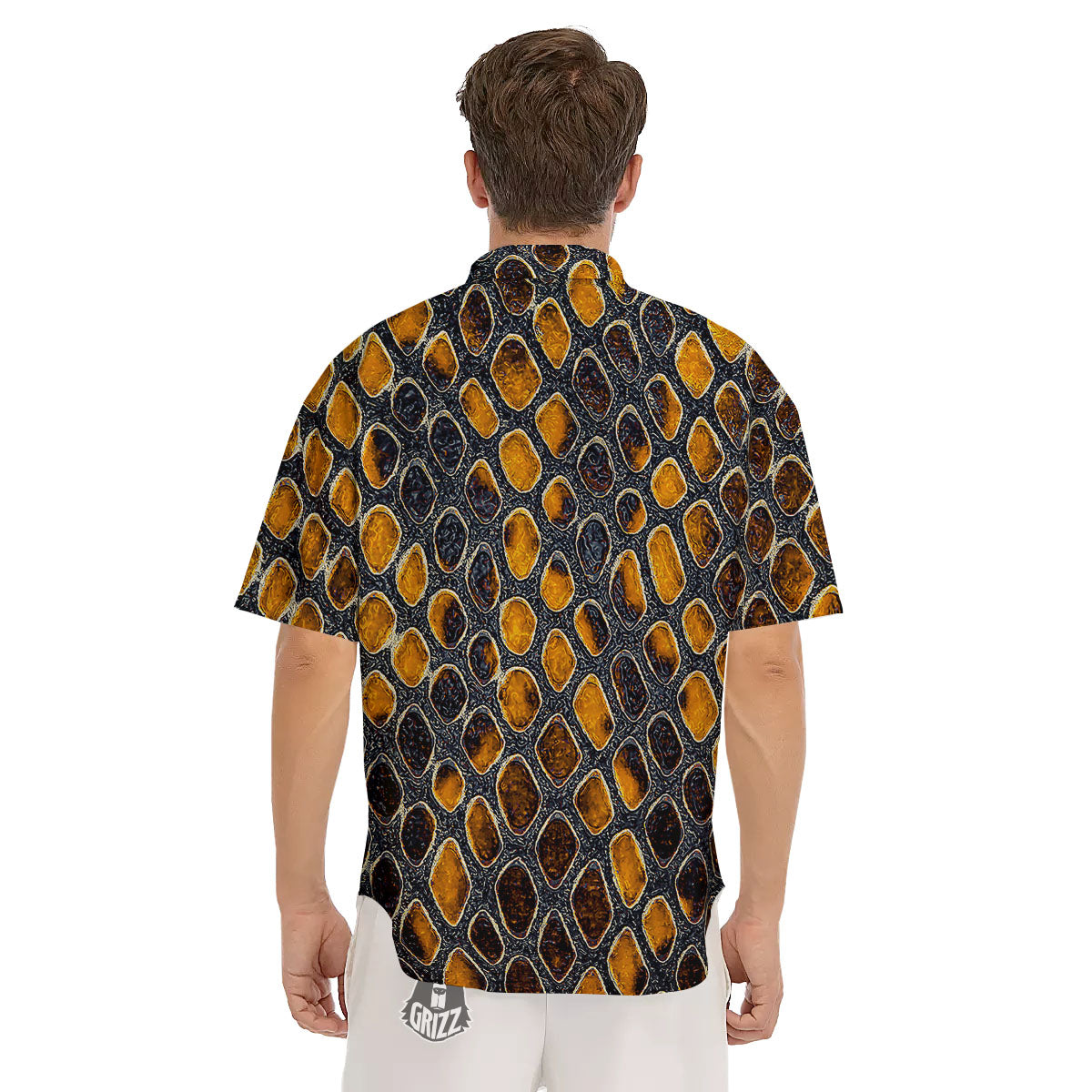 Snakeskin Yellow And Black Print Men's Short Sleeve Shirts-grizzshop