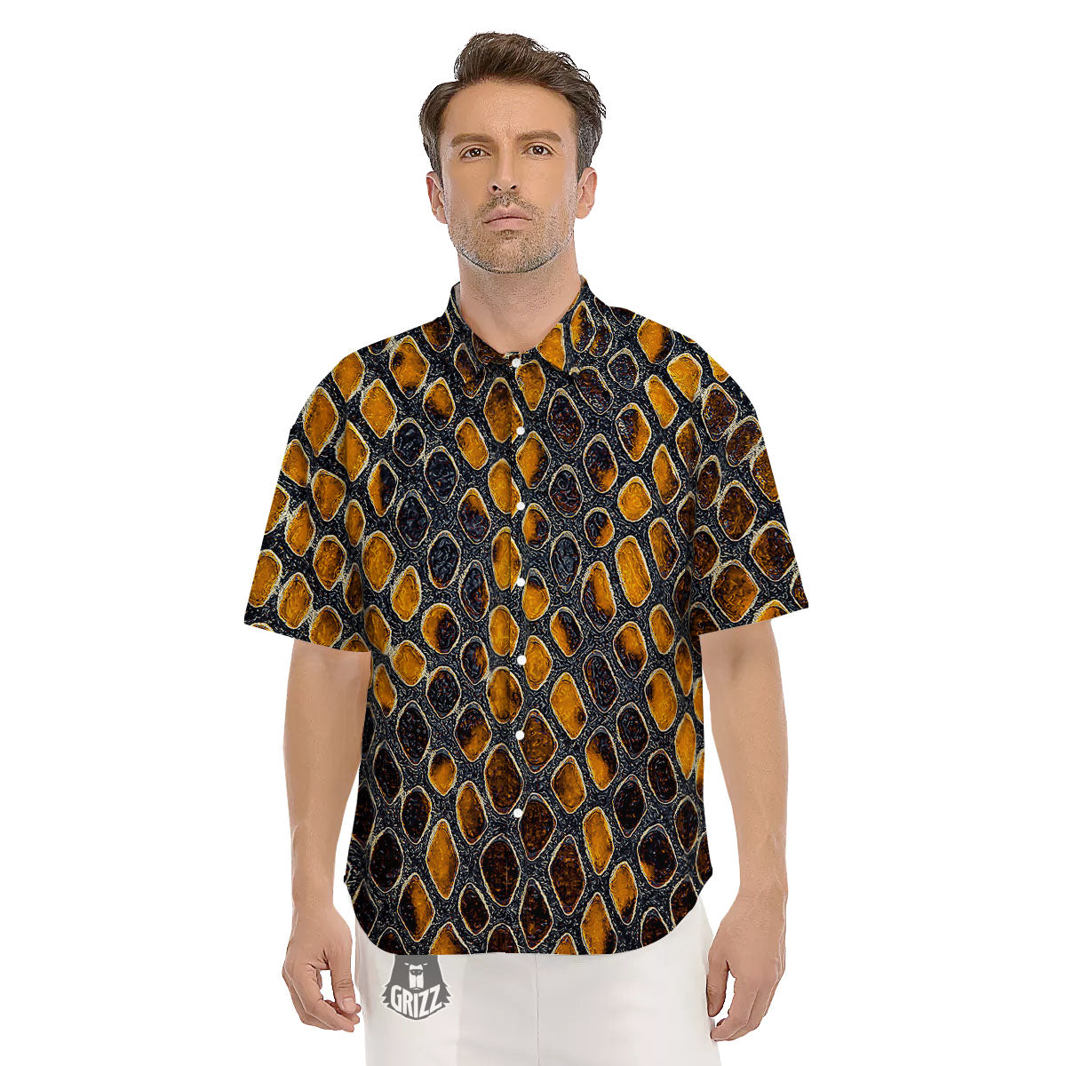 Snakeskin Yellow And Black Print Men's Short Sleeve Shirts-grizzshop