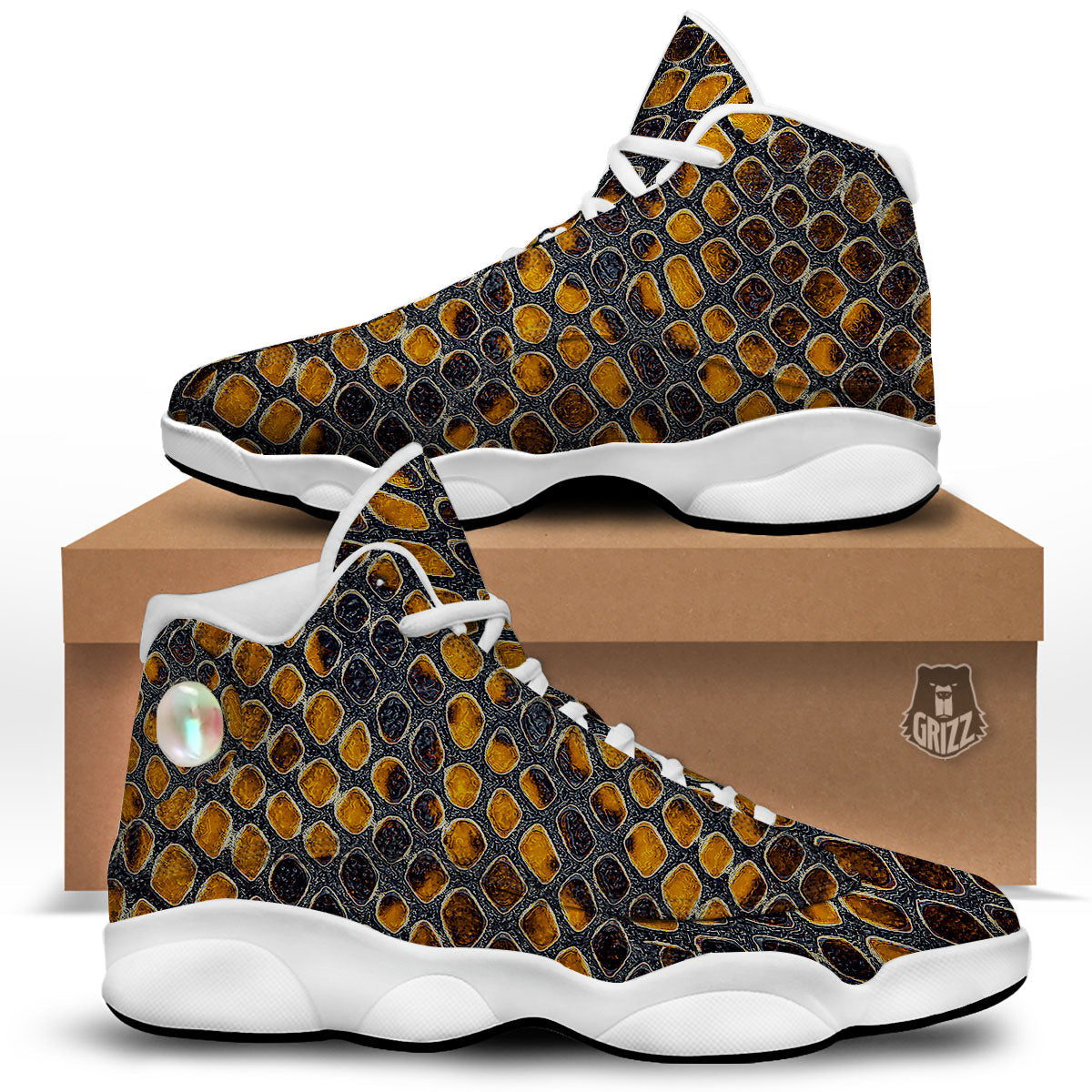 Snakeskin Yellow And Black Print White Basketball Shoes-grizzshop
