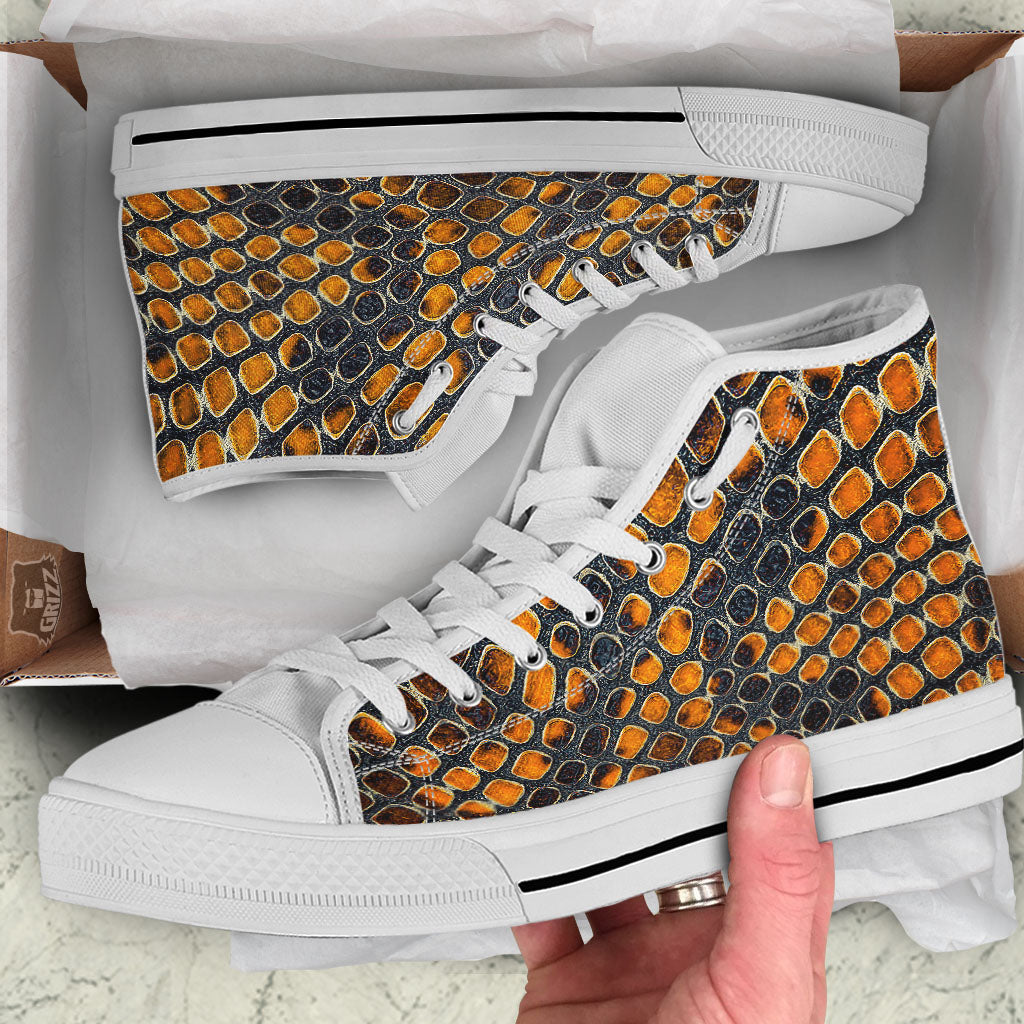 Snakeskin Yellow And Black Print White High Top Shoes-grizzshop