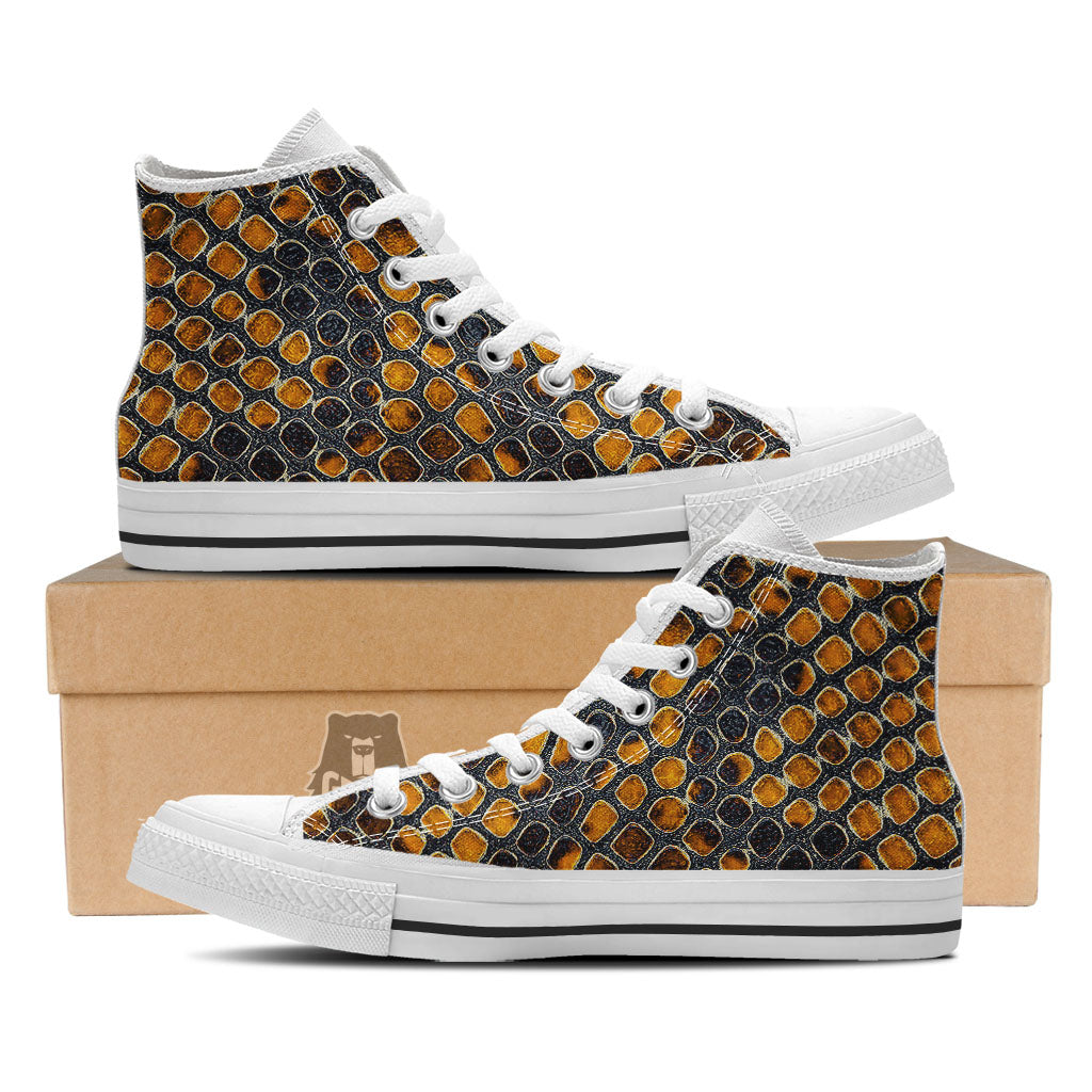 Snakeskin Yellow And Black Print White High Top Shoes-grizzshop