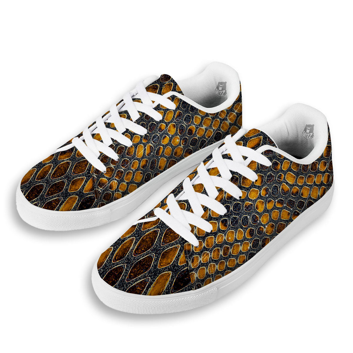 Snakeskin Yellow And Black Print White Low Top Sneakers-grizzshop