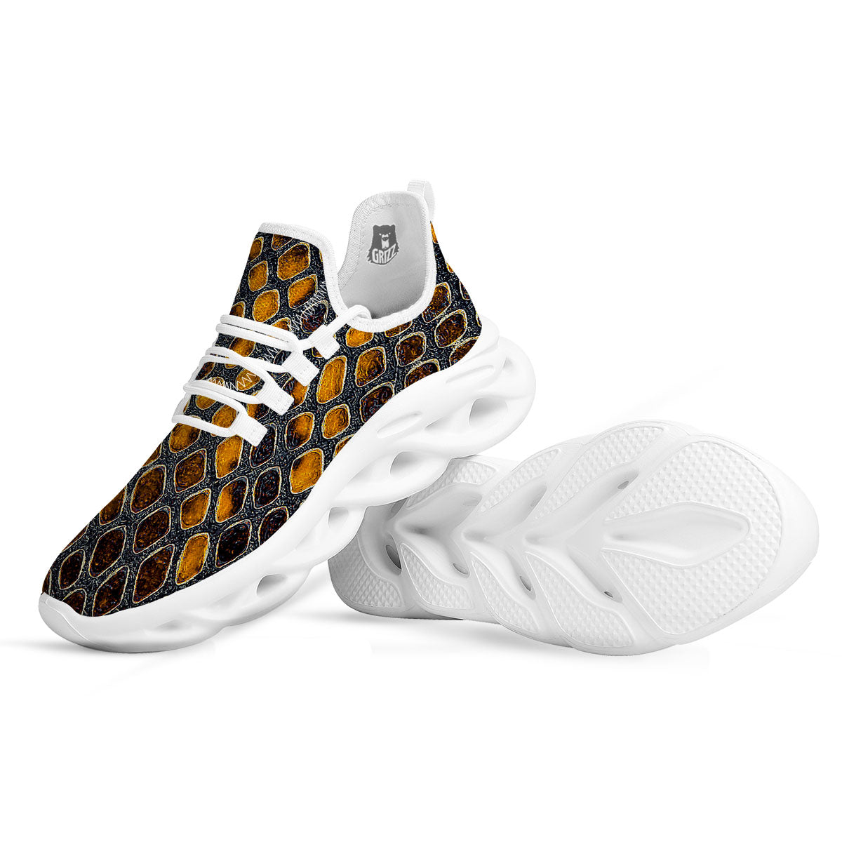 Snakeskin Yellow And Black Print White Running Shoes-grizzshop