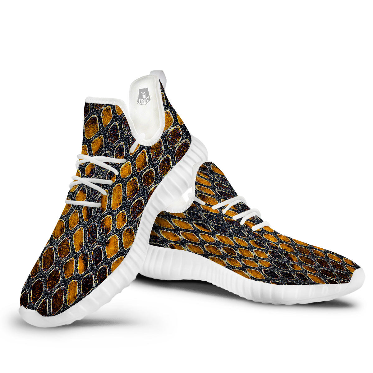 Snakeskin Yellow And Black Print White Walking Shoes-grizzshop