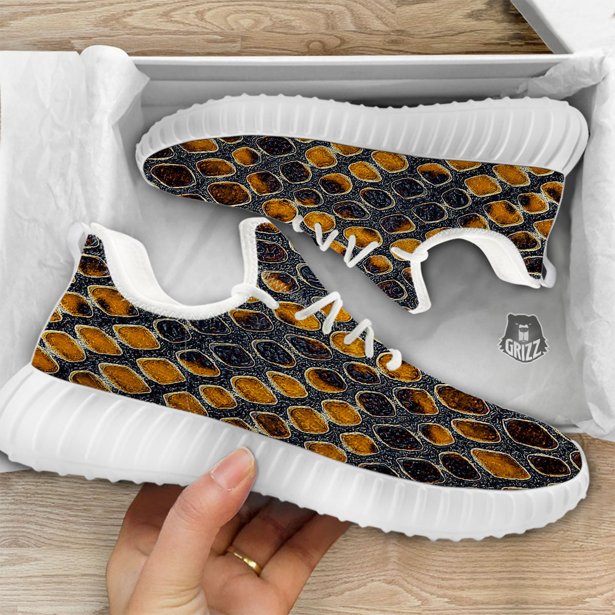 Snakeskin Yellow And Black Print White Walking Shoes-grizzshop