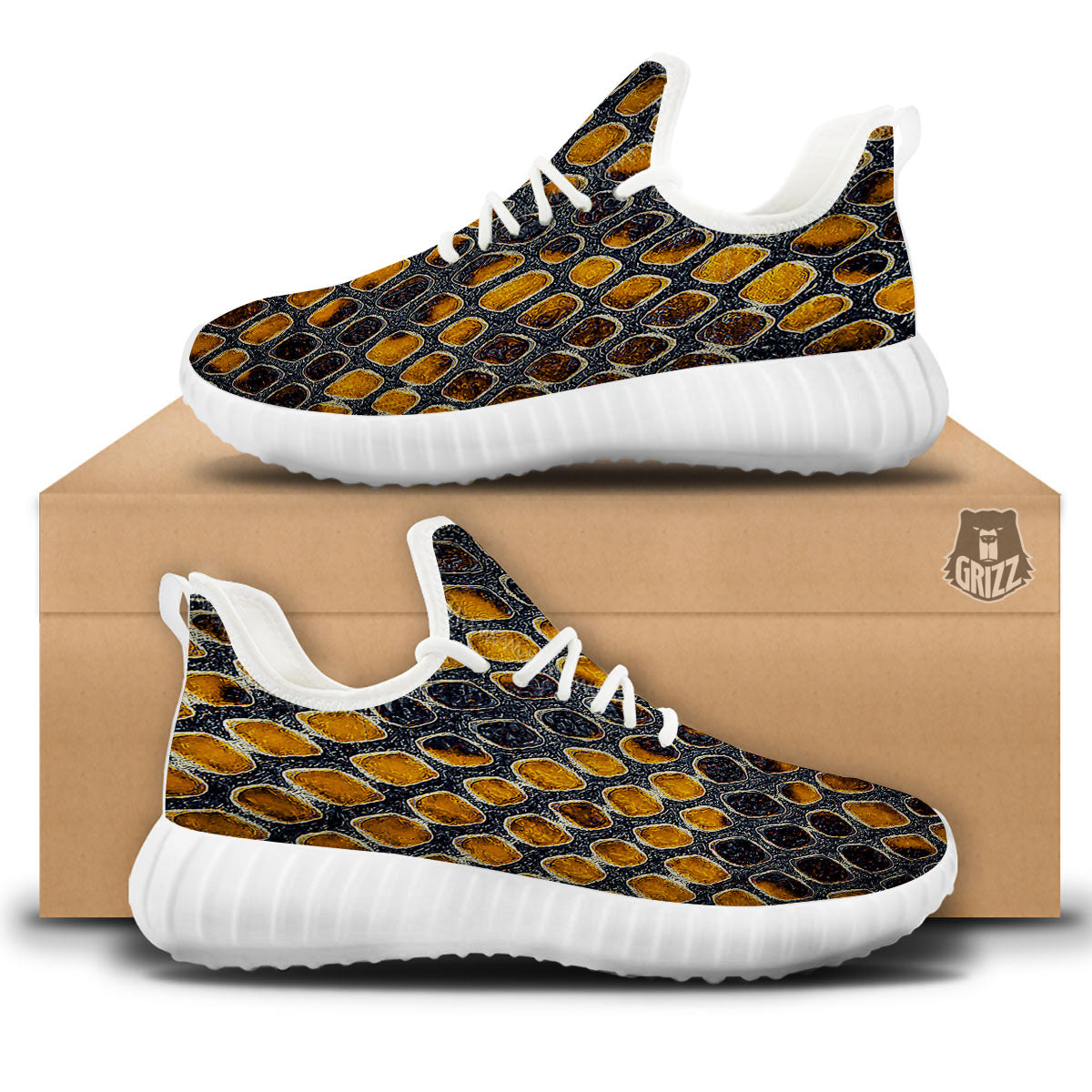 Snakeskin Yellow And Black Print White Walking Shoes-grizzshop
