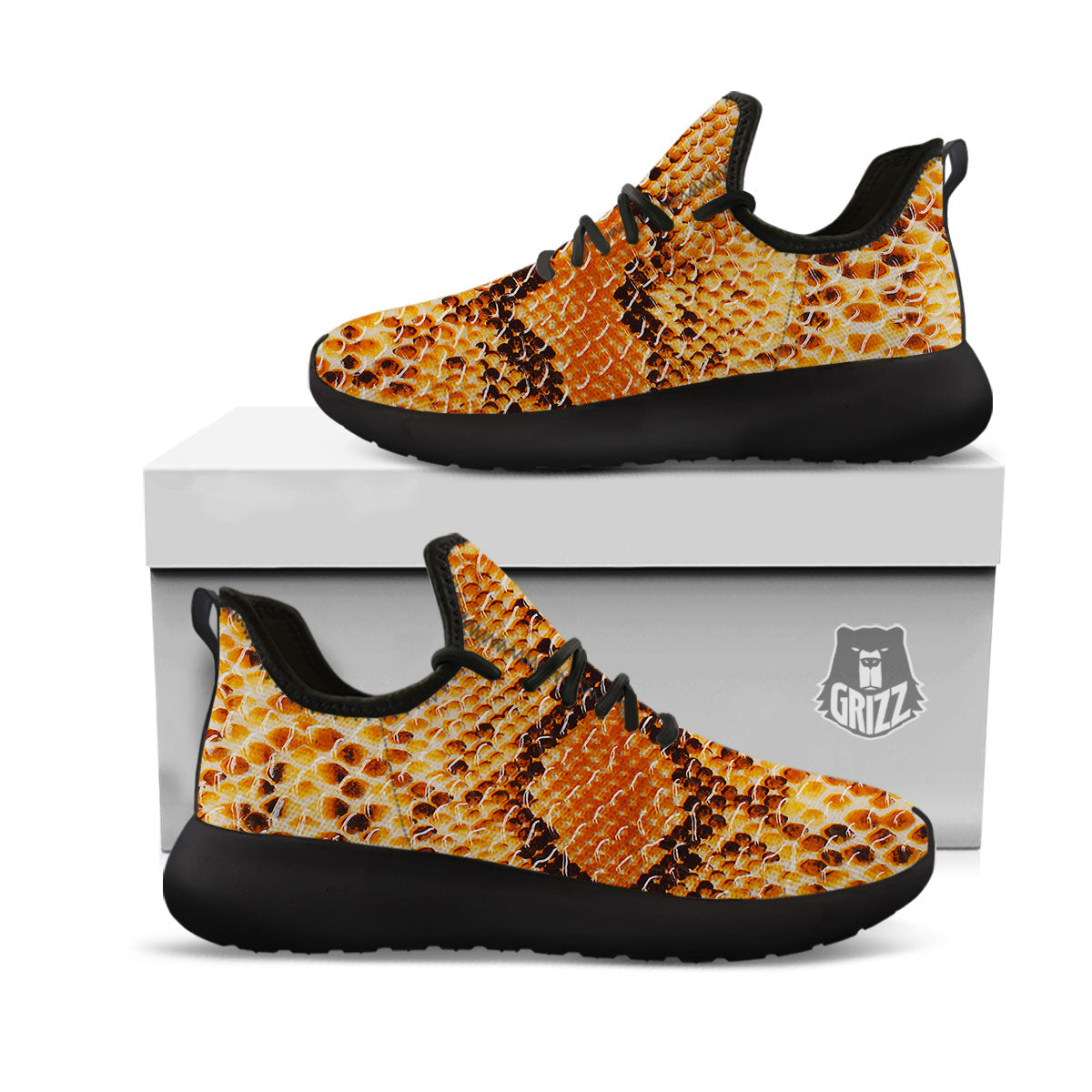 Snakeskin Yellow And Brown Print Black Athletic Shoes-grizzshop