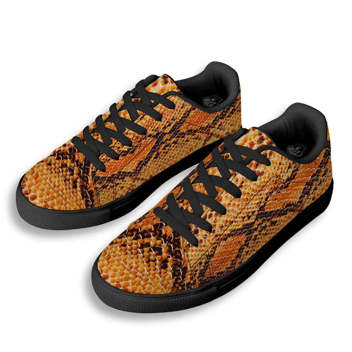Snakeskin Yellow And Brown Print Black Low Top Sneakers-grizzshop