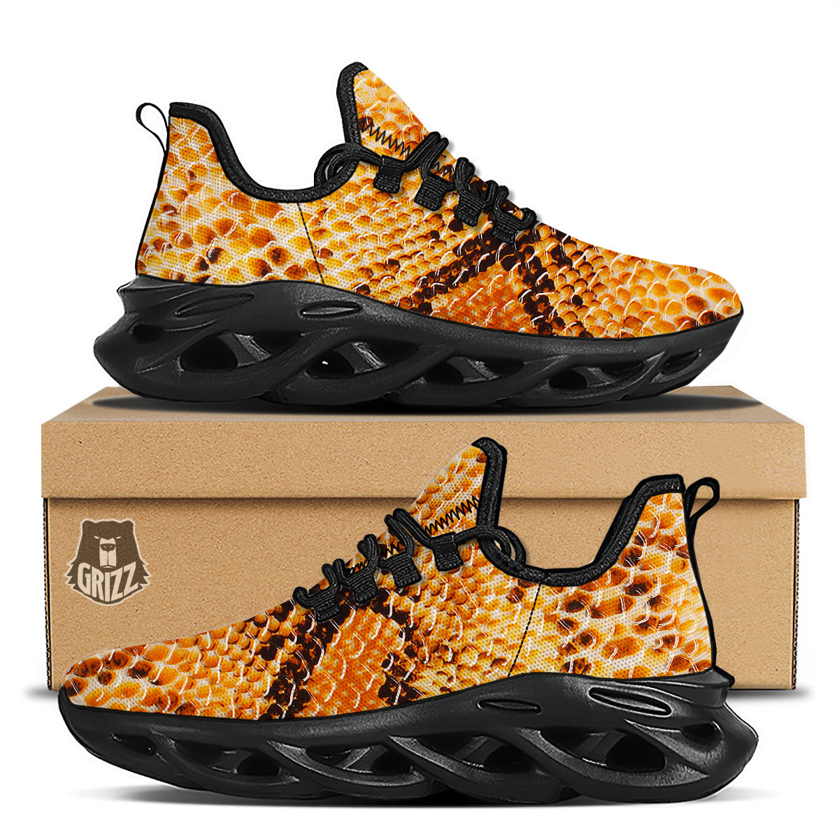 Snakeskin Yellow And Brown Print Black Running Shoes-grizzshop