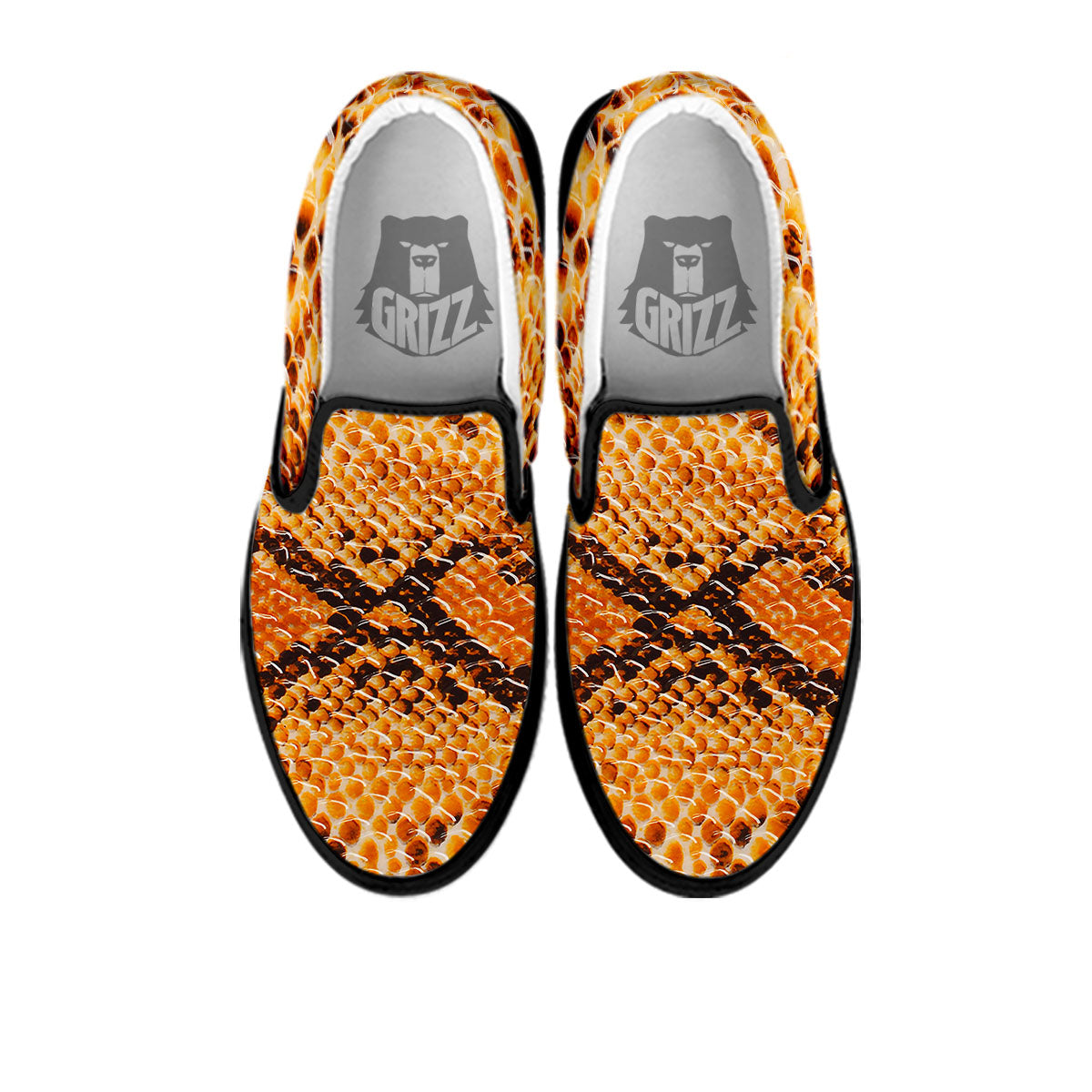 Snakeskin Yellow And Brown Print Black Slip On Shoes-grizzshop