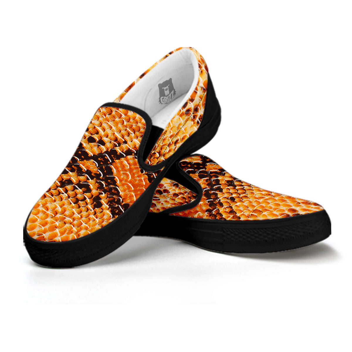 Snakeskin Yellow And Brown Print Black Slip On Shoes-grizzshop