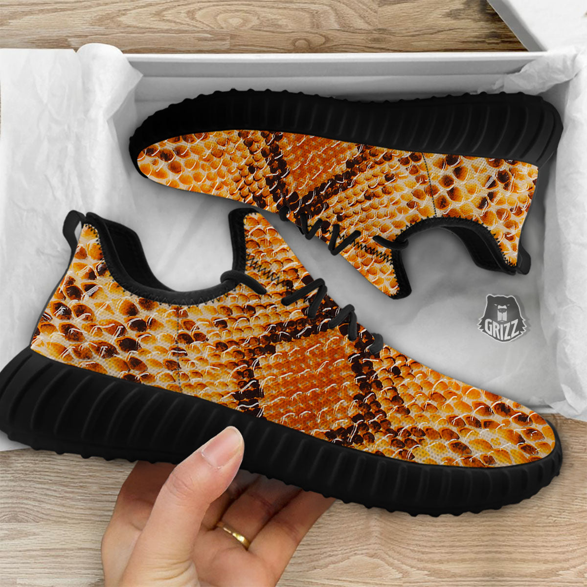 Snakeskin Yellow And Brown Print Black Walking Shoes-grizzshop