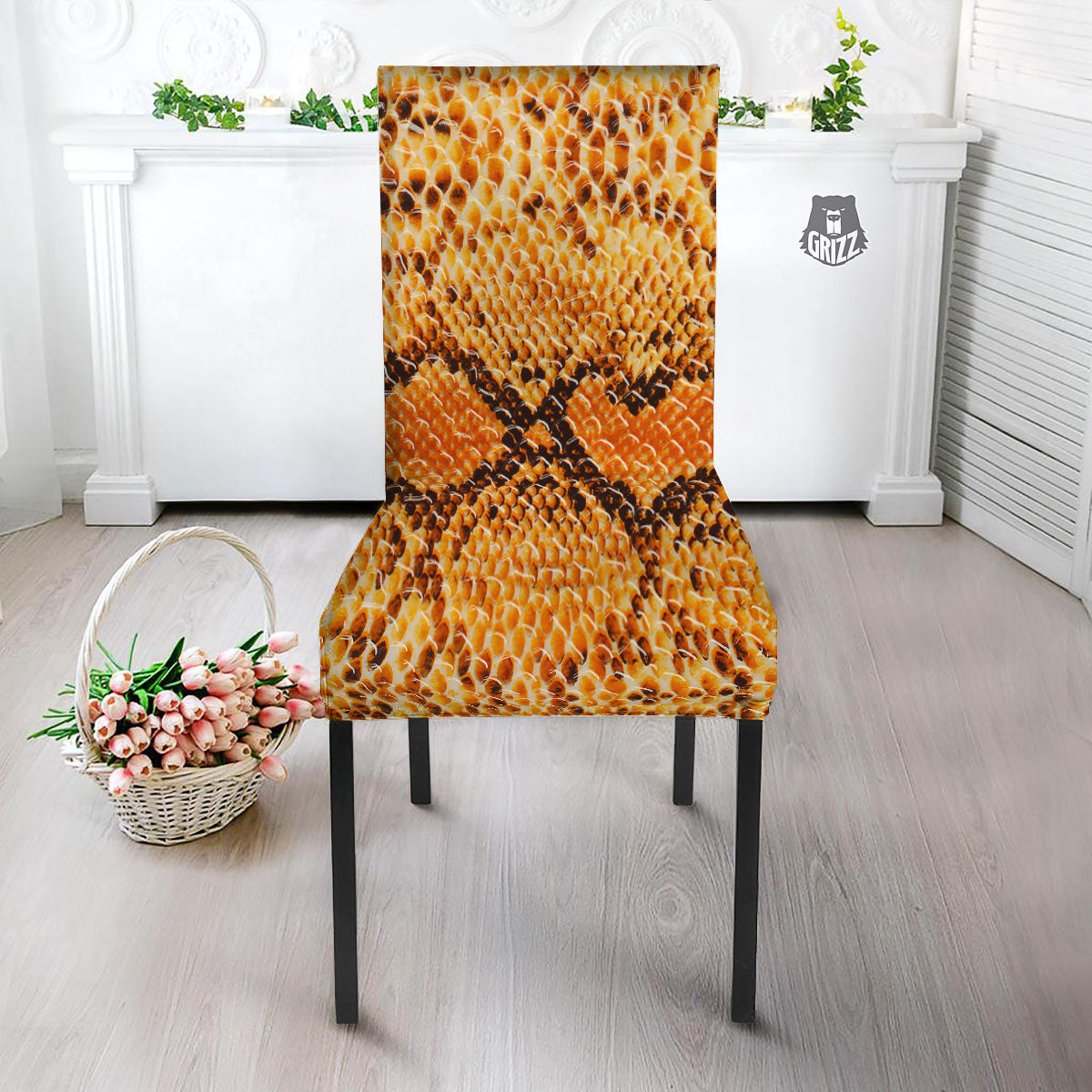 Snakeskin Yellow And Brown Print Dining Chair Slipcover-grizzshop
