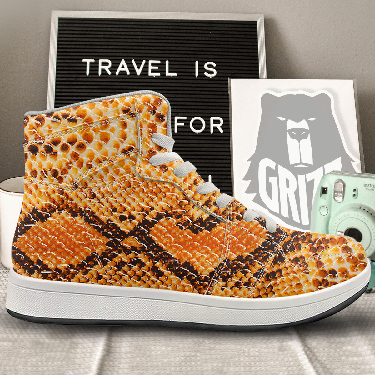 Snakeskin Yellow And Brown Print High Top Sneakers-grizzshop