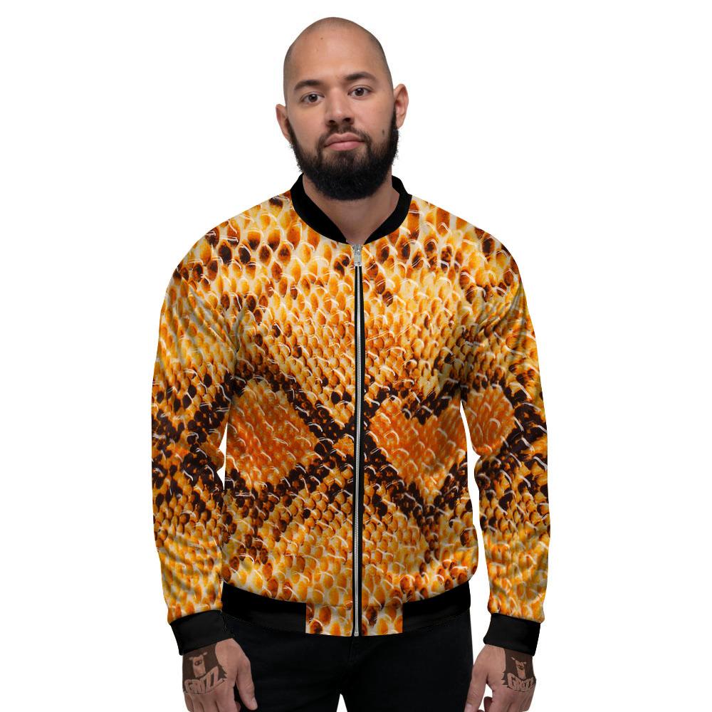 Snakeskin Yellow And Brown Print Men's Bomber Jacket-grizzshop