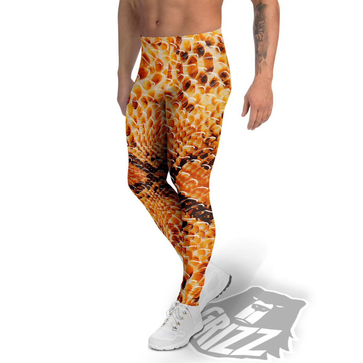 Snakeskin Yellow And Brown Print Men's Leggings-grizzshop