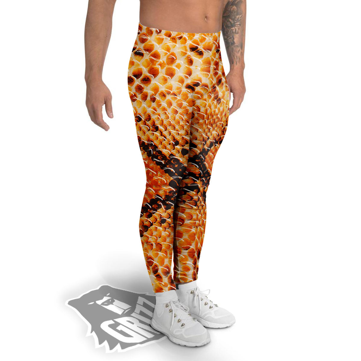 Snakeskin Yellow And Brown Print Men's Leggings-grizzshop