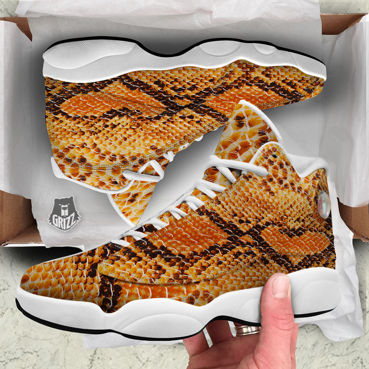 Snakeskin Yellow And Brown Print White Basketball Shoes-grizzshop