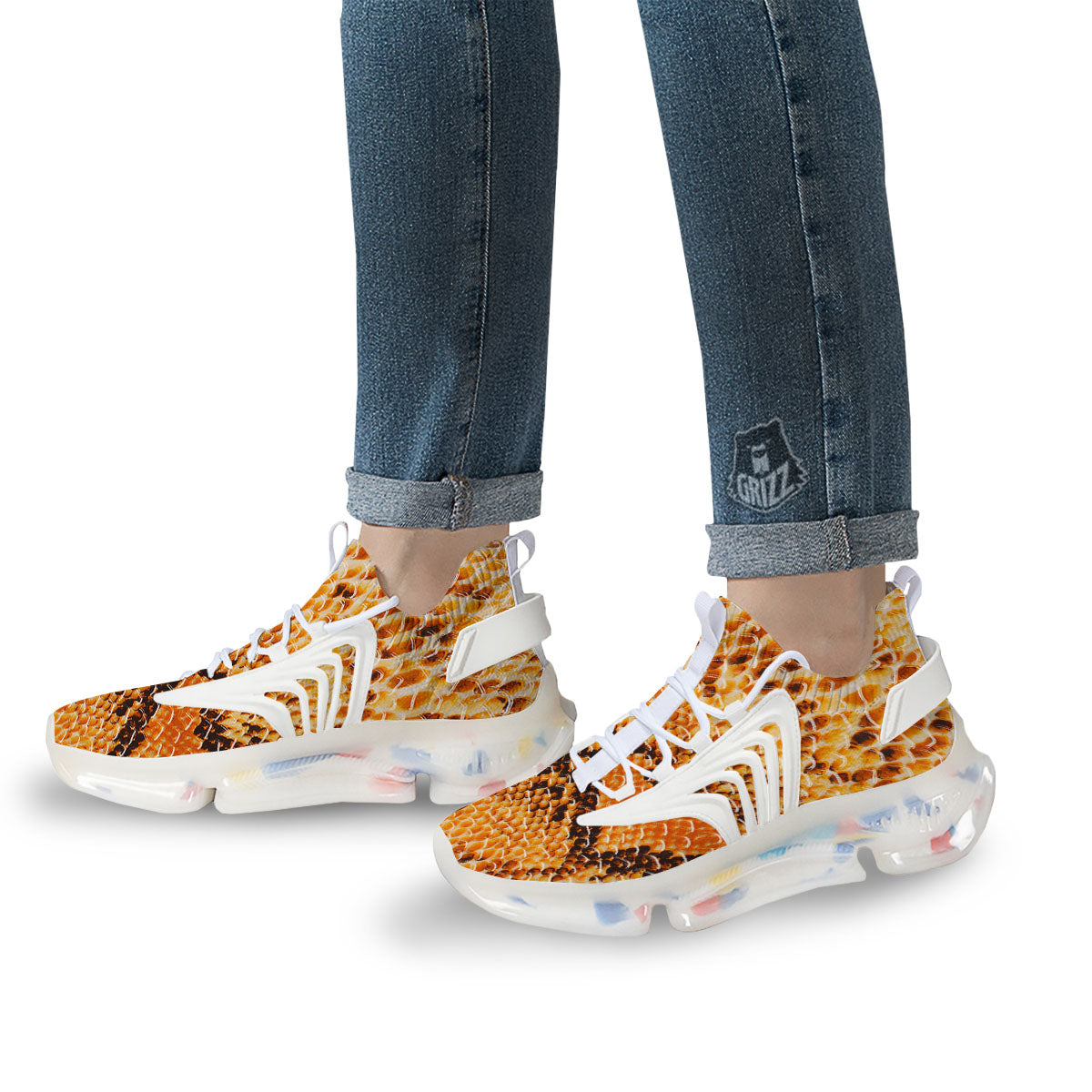 Snakeskin Yellow And Brown Print White Gym Shoes-grizzshop