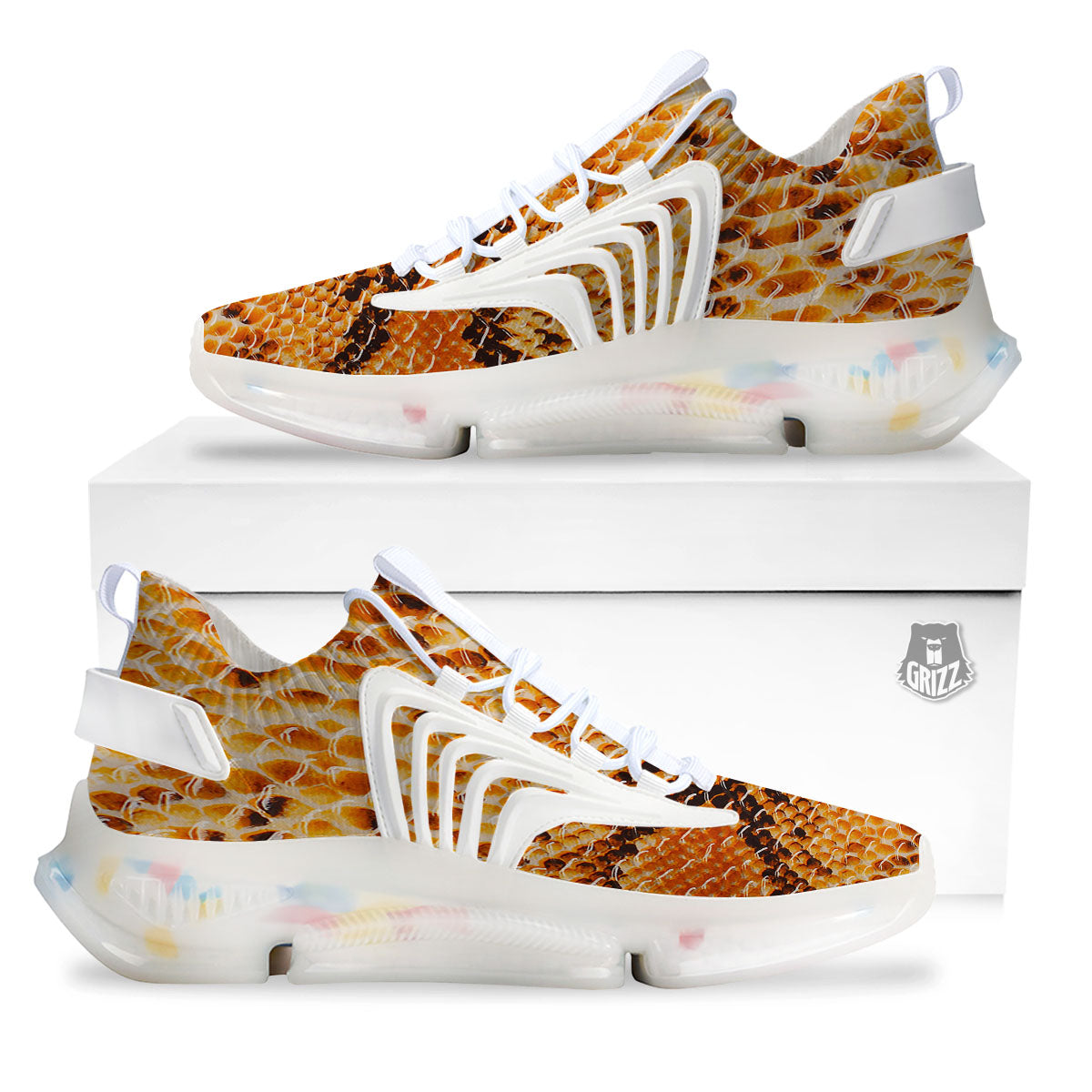 Snakeskin Yellow And Brown Print White Gym Shoes-grizzshop