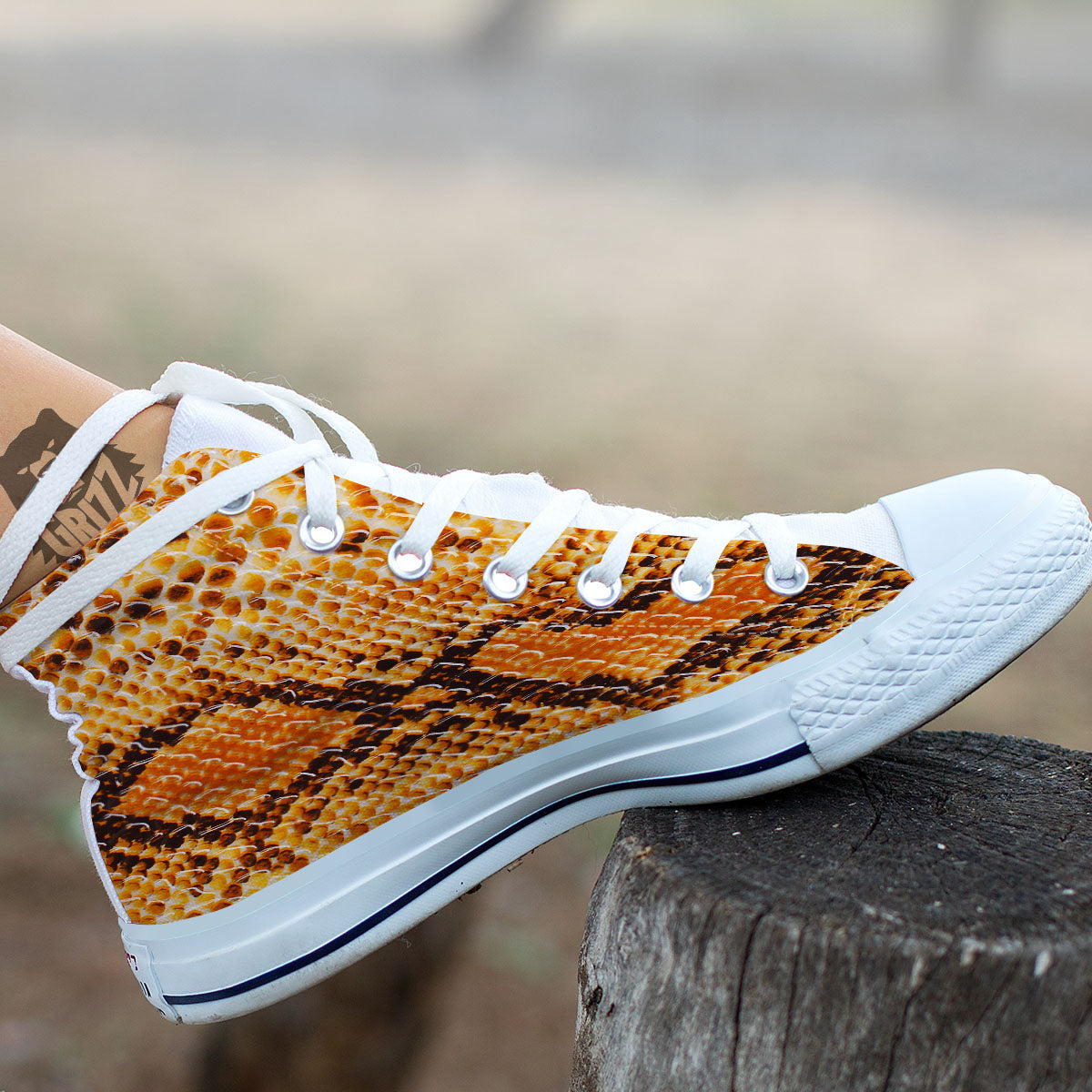 Snakeskin Yellow And Brown Print White High Top Shoes-grizzshop