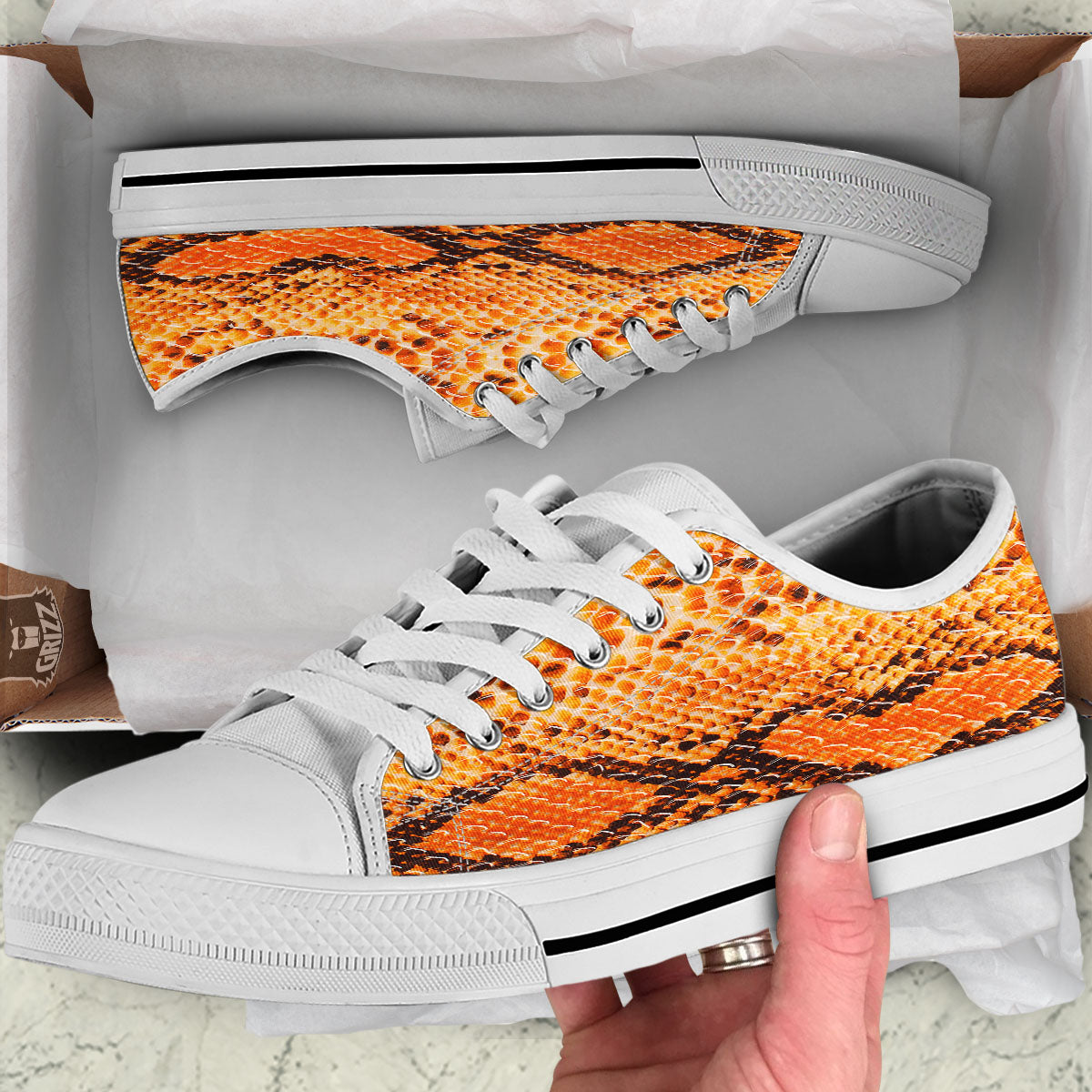 Snakeskin Yellow And Brown Print White Low Top Shoes-grizzshop