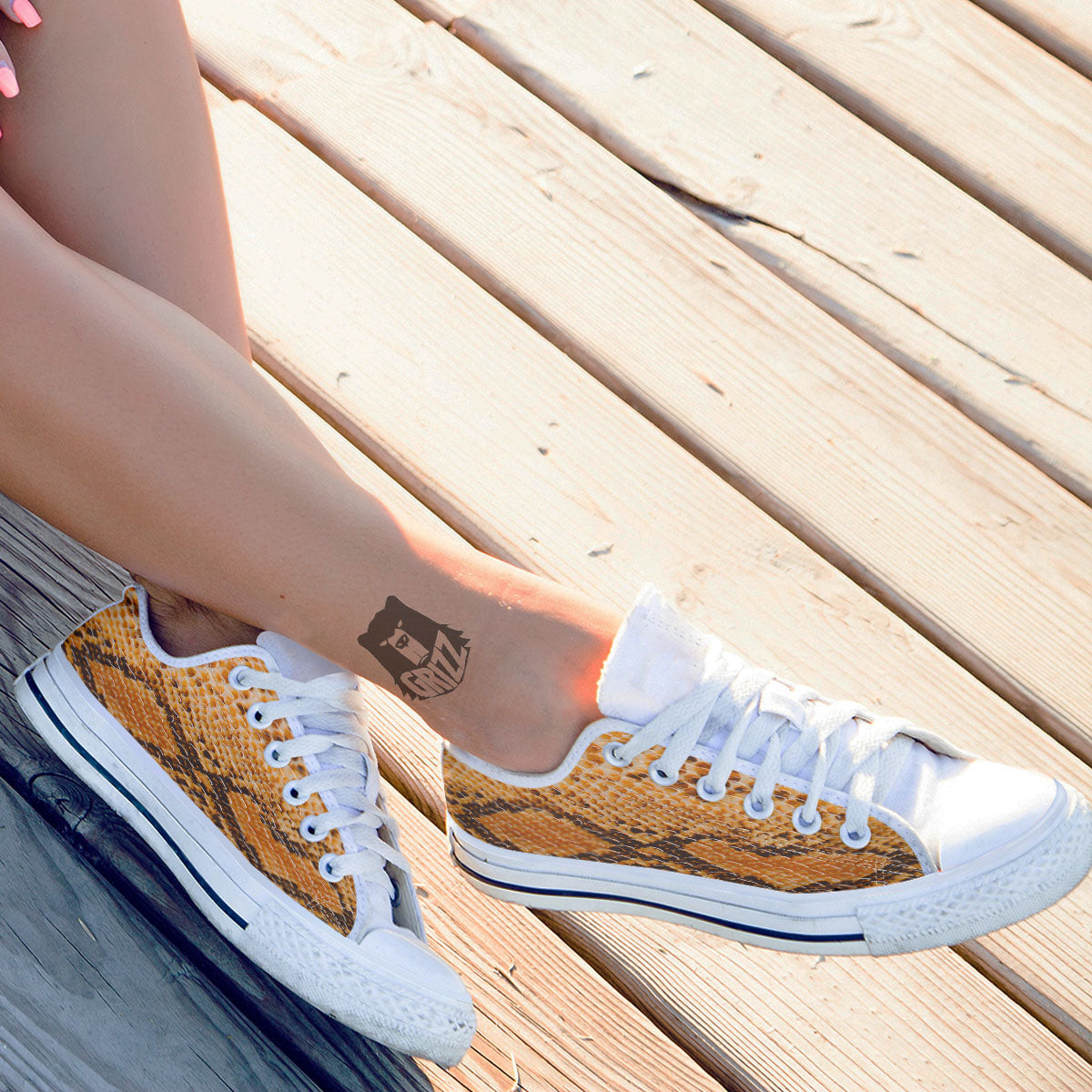 Snakeskin Yellow And Brown Print White Low Top Shoes-grizzshop