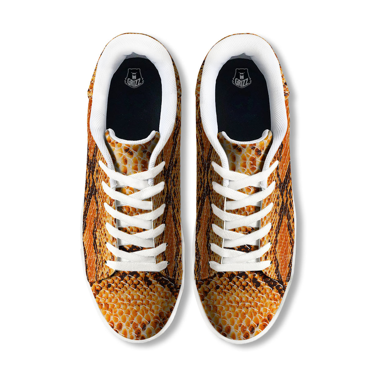 Snakeskin Yellow And Brown Print White Low Top Sneakers-grizzshop