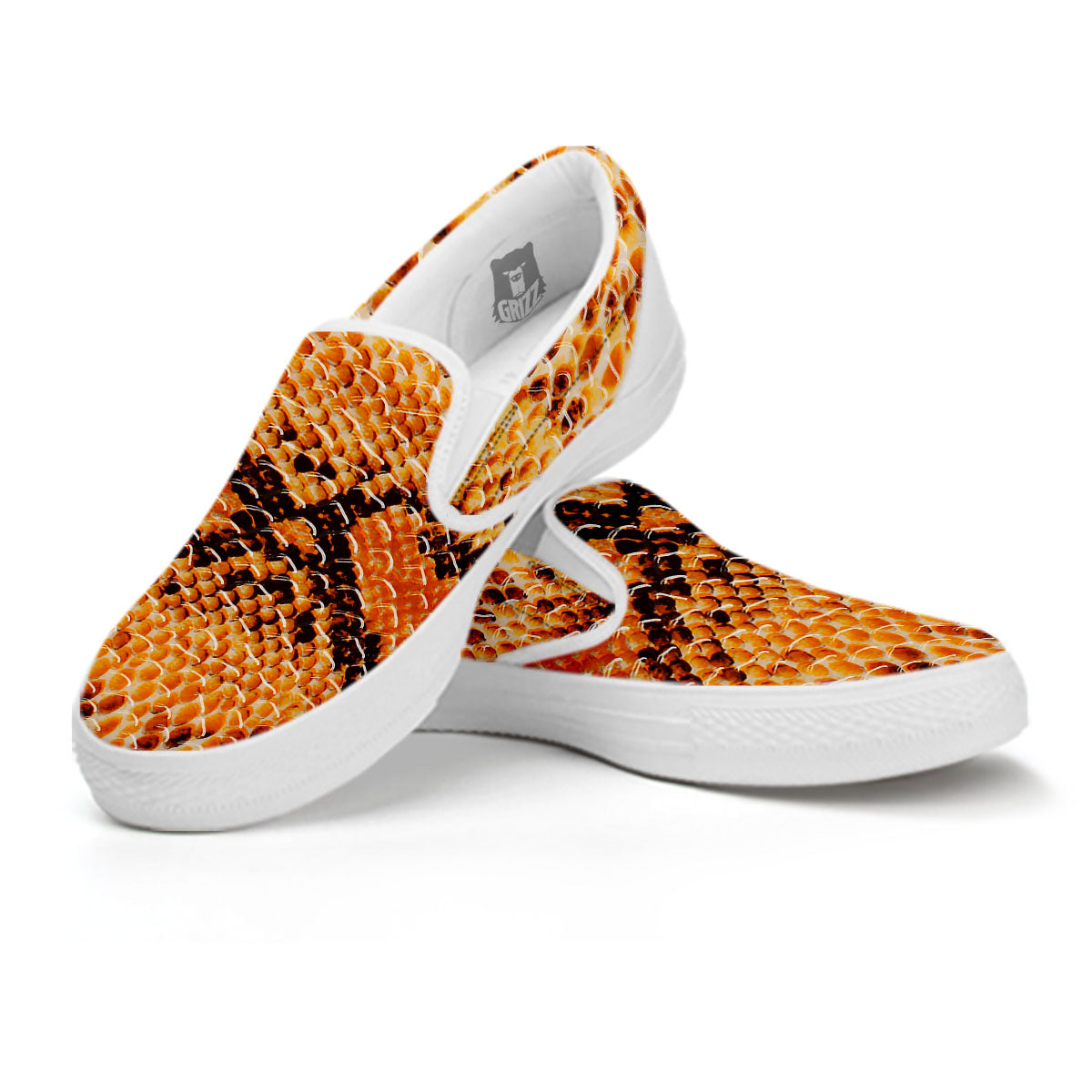 Snakeskin Yellow And Brown Print White Slip On Shoes-grizzshop
