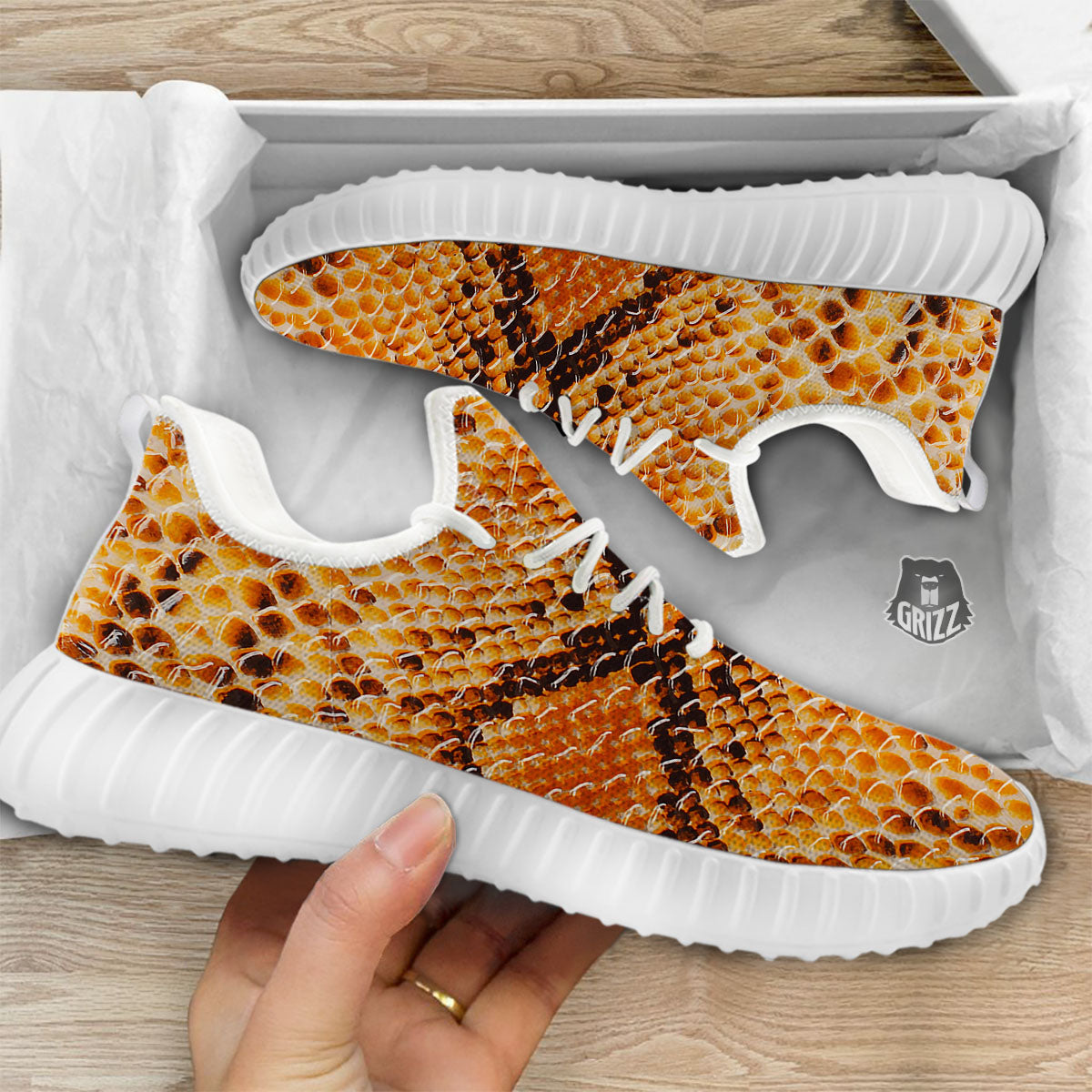 Snakeskin Yellow And Brown Print White Walking Shoes-grizzshop