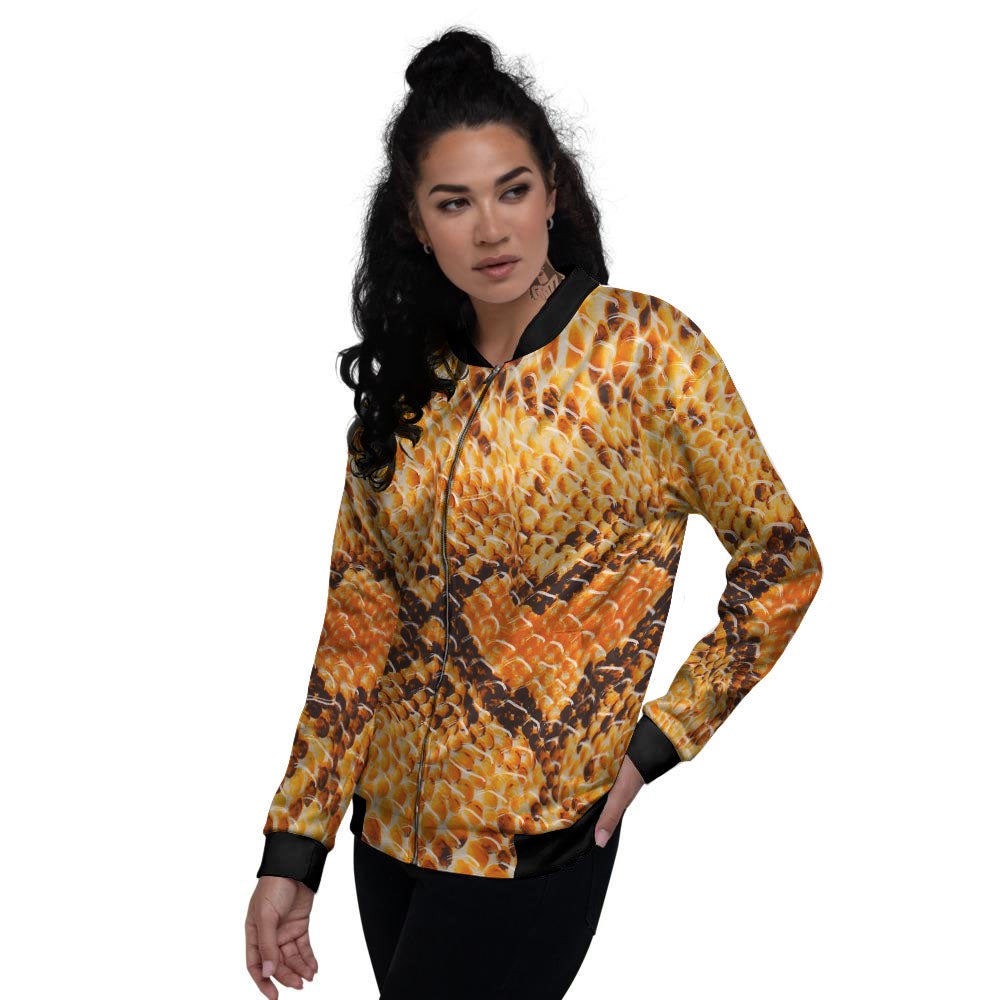 Snakeskin Yellow And Brown Print Women's Bomber Jacket-grizzshop