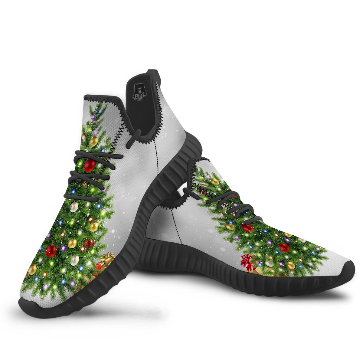 Snow And Christmas Tree Print Black Walking Shoes-grizzshop