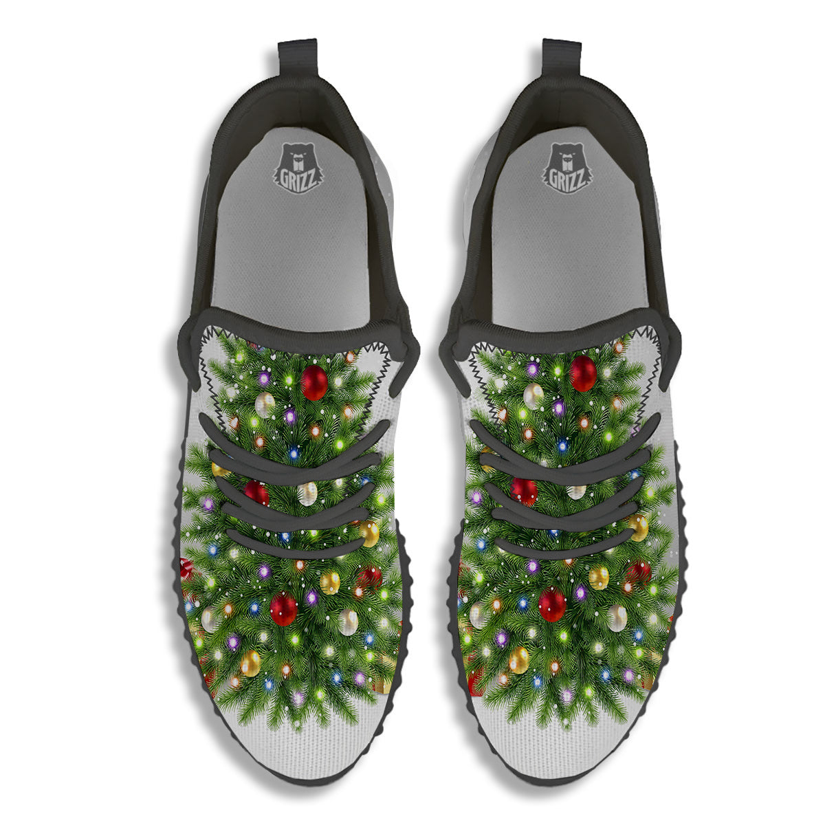 Snow And Christmas Tree Print Black Walking Shoes-grizzshop