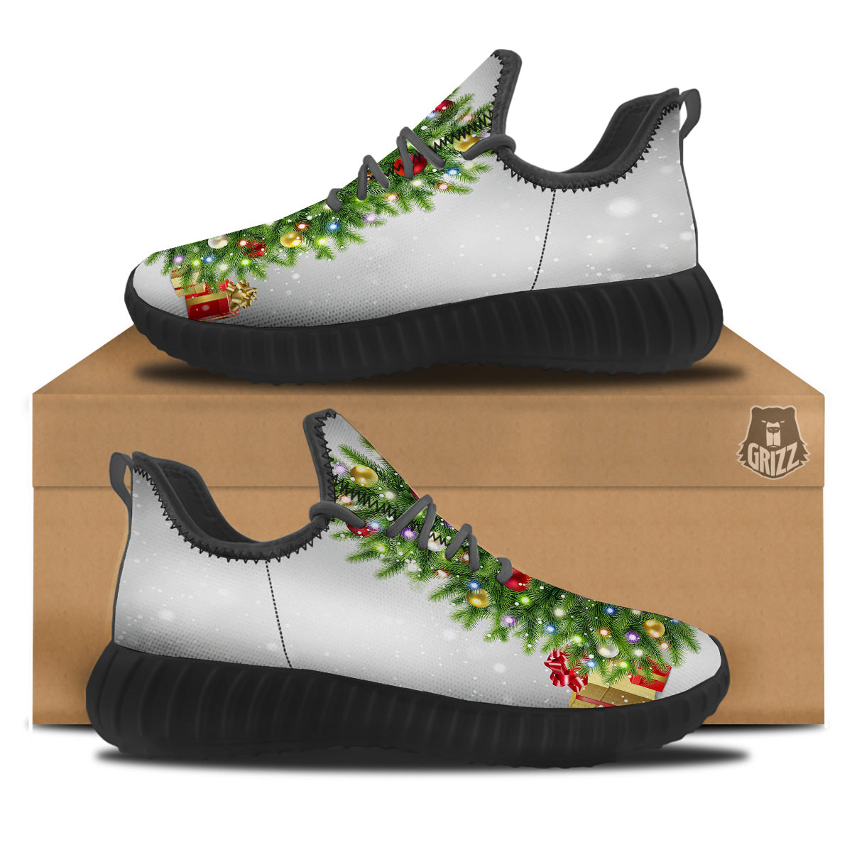 Snow And Christmas Tree Print Black Walking Shoes-grizzshop