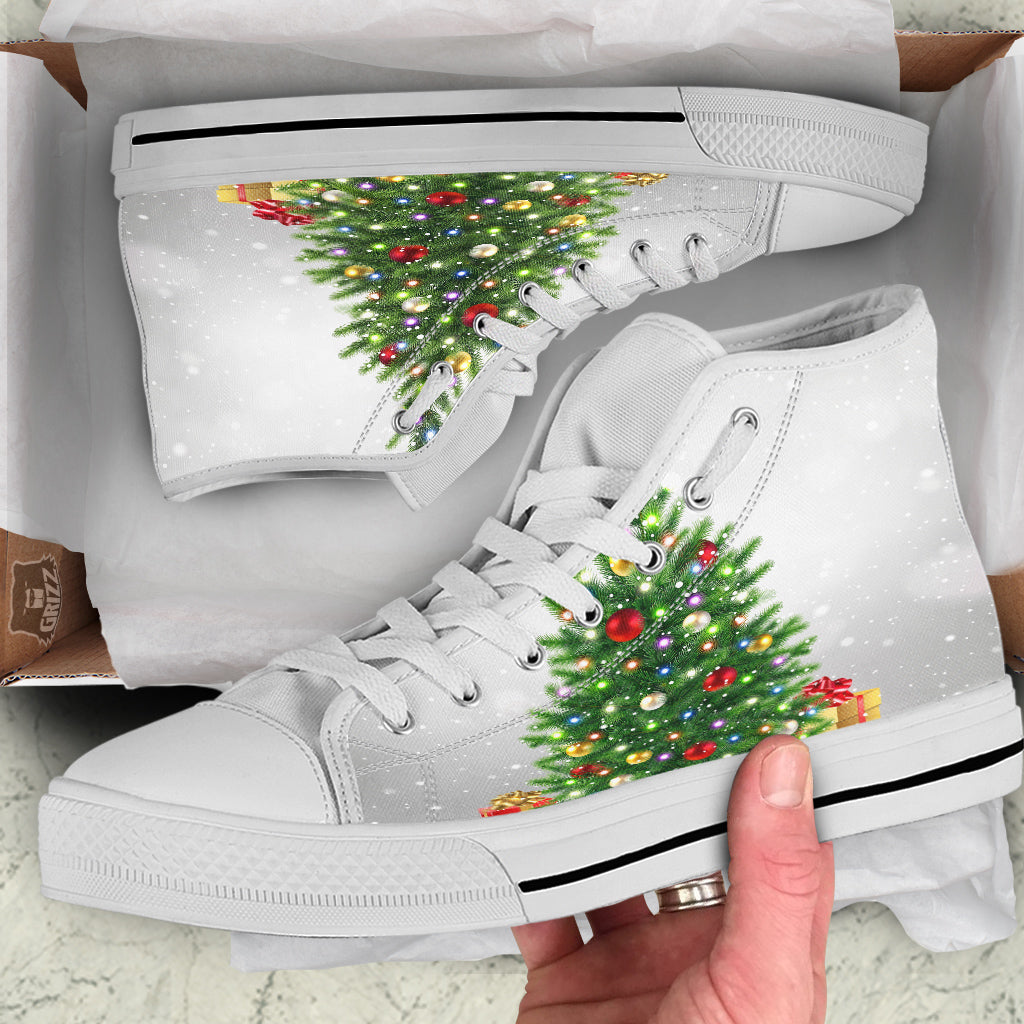Snow And Christmas Tree Print White High Top Shoes-grizzshop