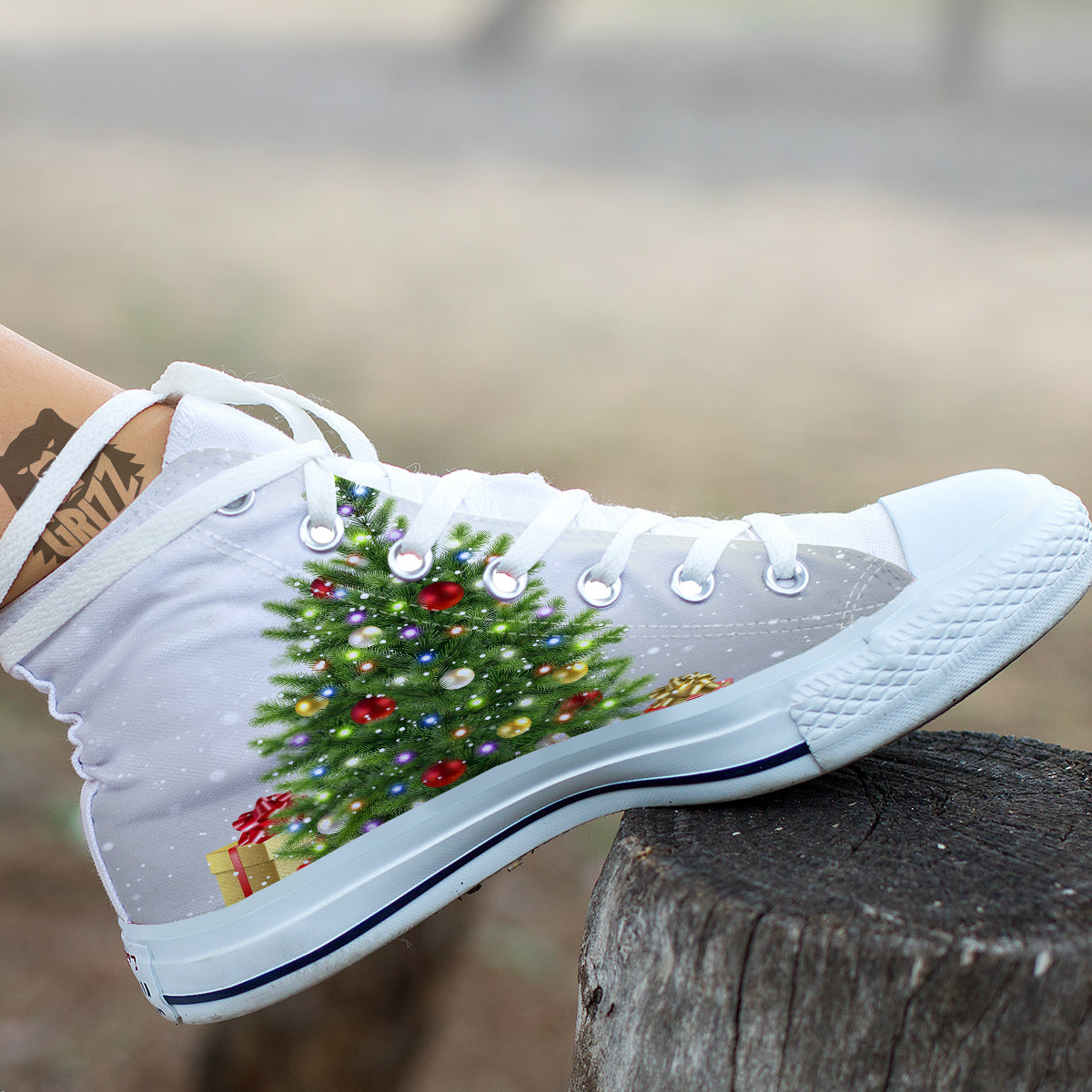 Snow And Christmas Tree Print White High Top Shoes-grizzshop