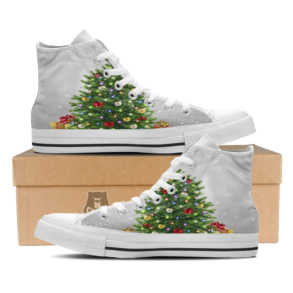 Snow And Christmas Tree Print White High Top Shoes-grizzshop