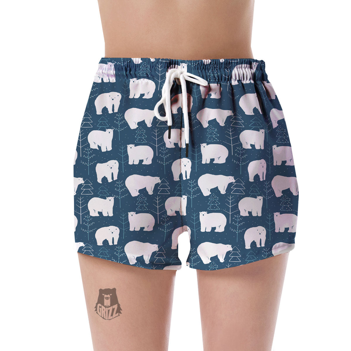 Snow Polar Bear Christmas Tree Pattern Print Women's Shorts-grizzshop
