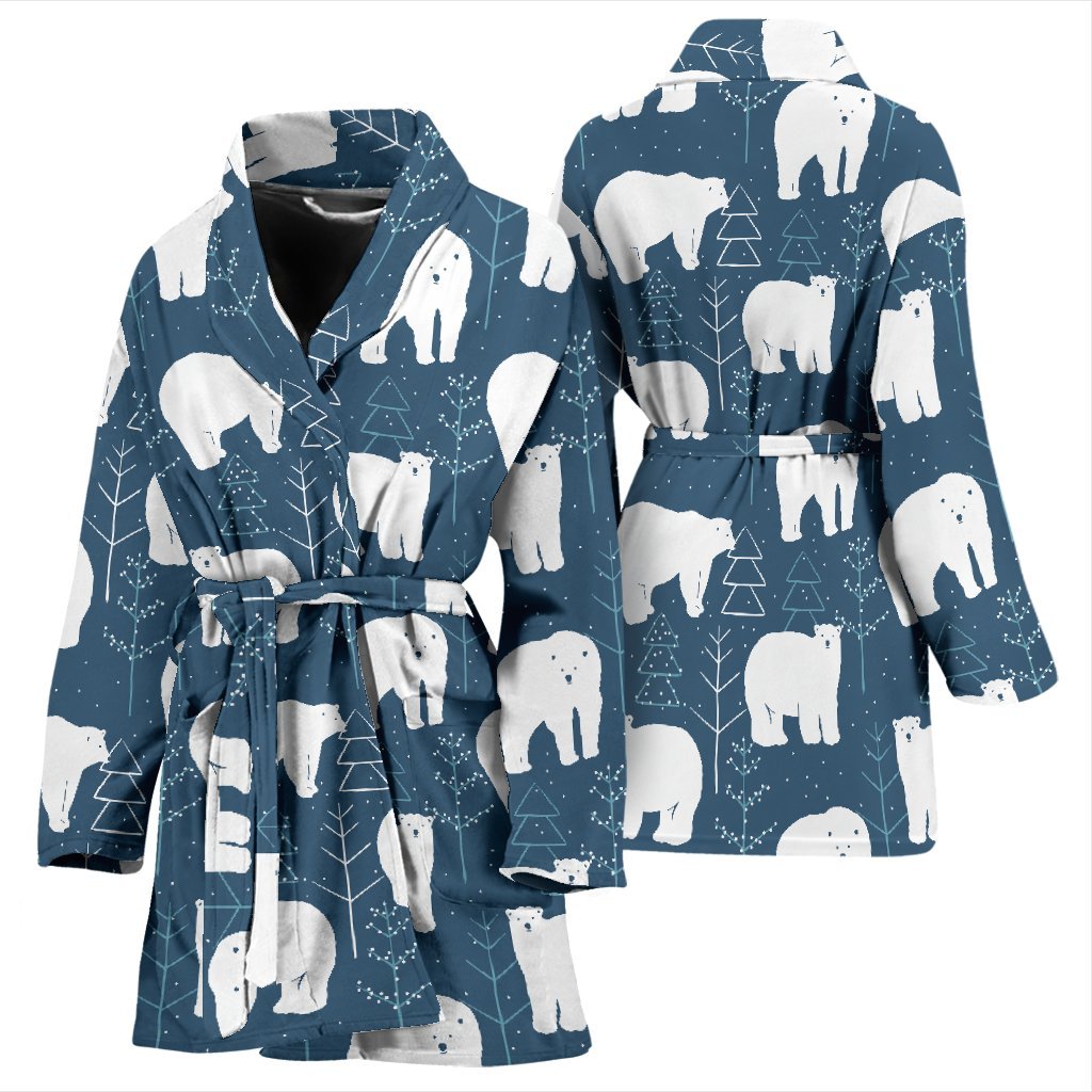 Snow Polar Bear Christmas Tree Pattern Print Women Long Robe-grizzshop