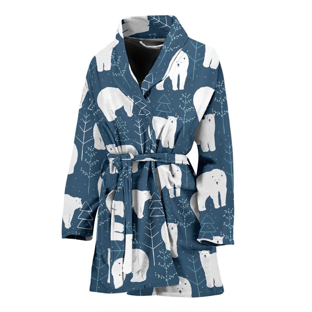 Snow Polar Bear Christmas Tree Pattern Print Women Long Robe-grizzshop