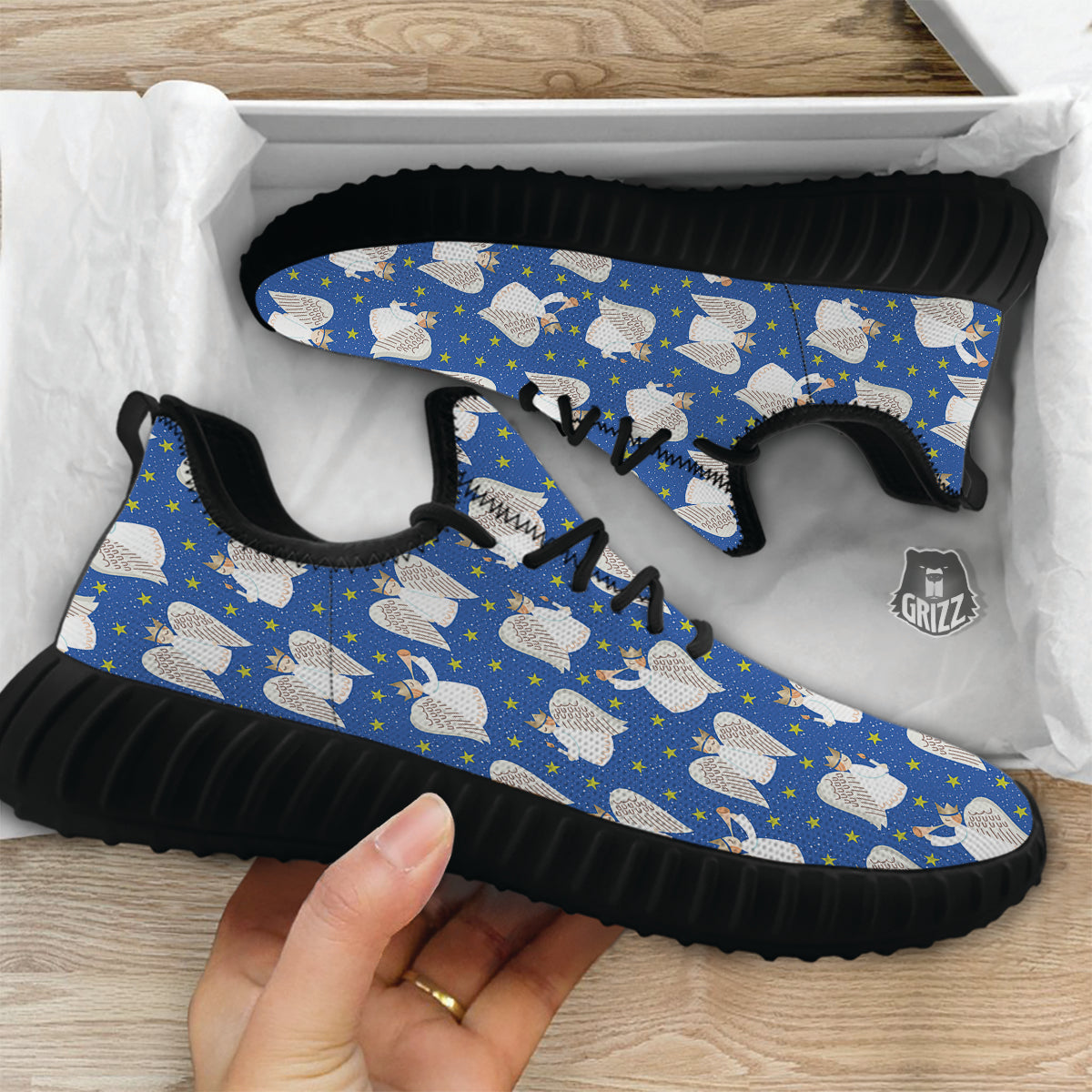 Snowflake And Angel Print Pattern Black Walking Shoes-grizzshop