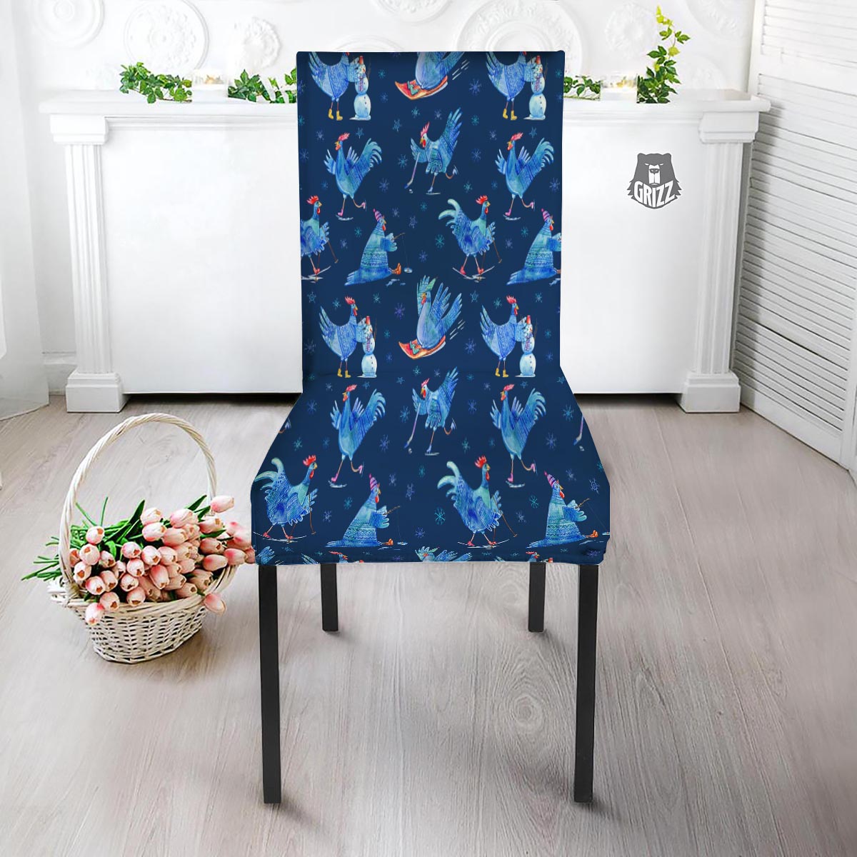 Snowflake And Rooster Print Pattern Dining Chair Slipcover-grizzshop