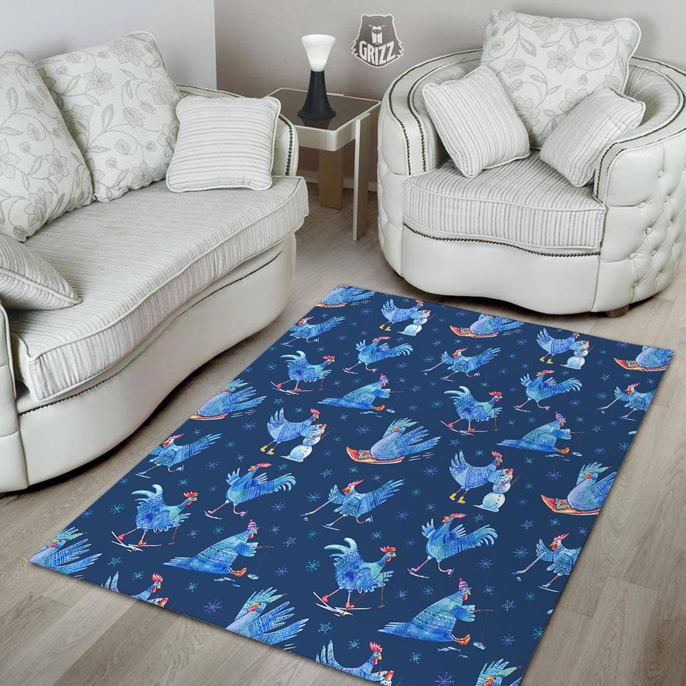 Snowflake And Rooster Print Pattern Floor Mat-grizzshop