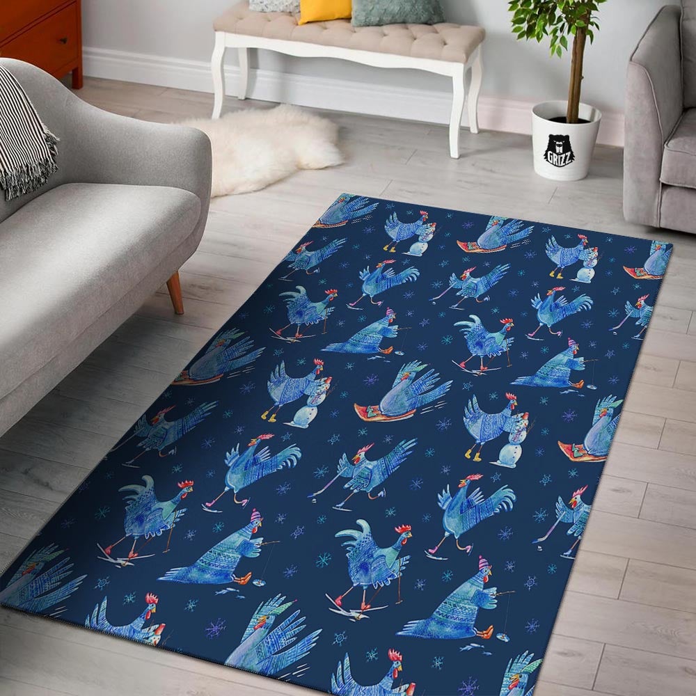 Snowflake And Rooster Print Pattern Floor Mat-grizzshop