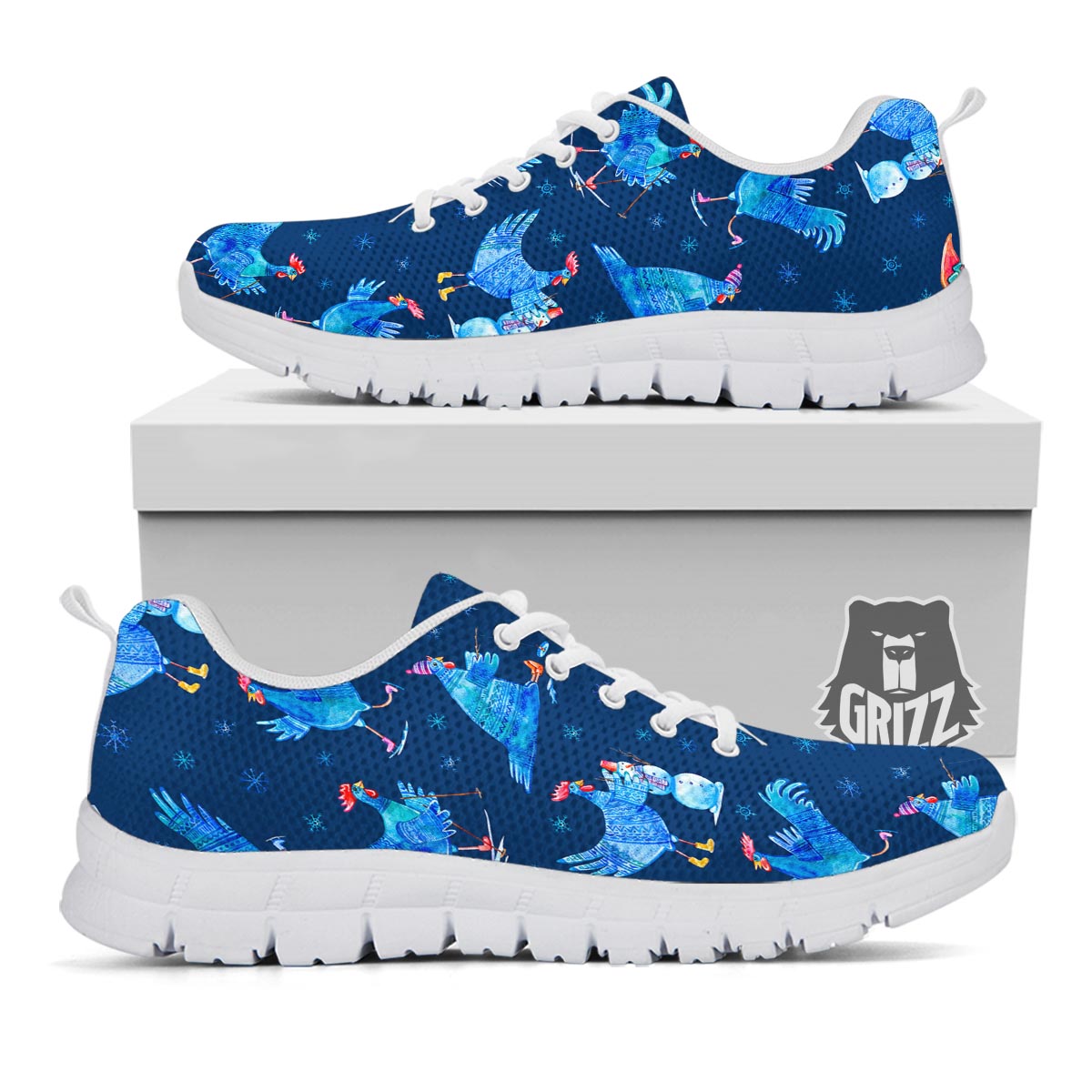 Snowflake And Rooster Print Pattern White Sneaker-grizzshop