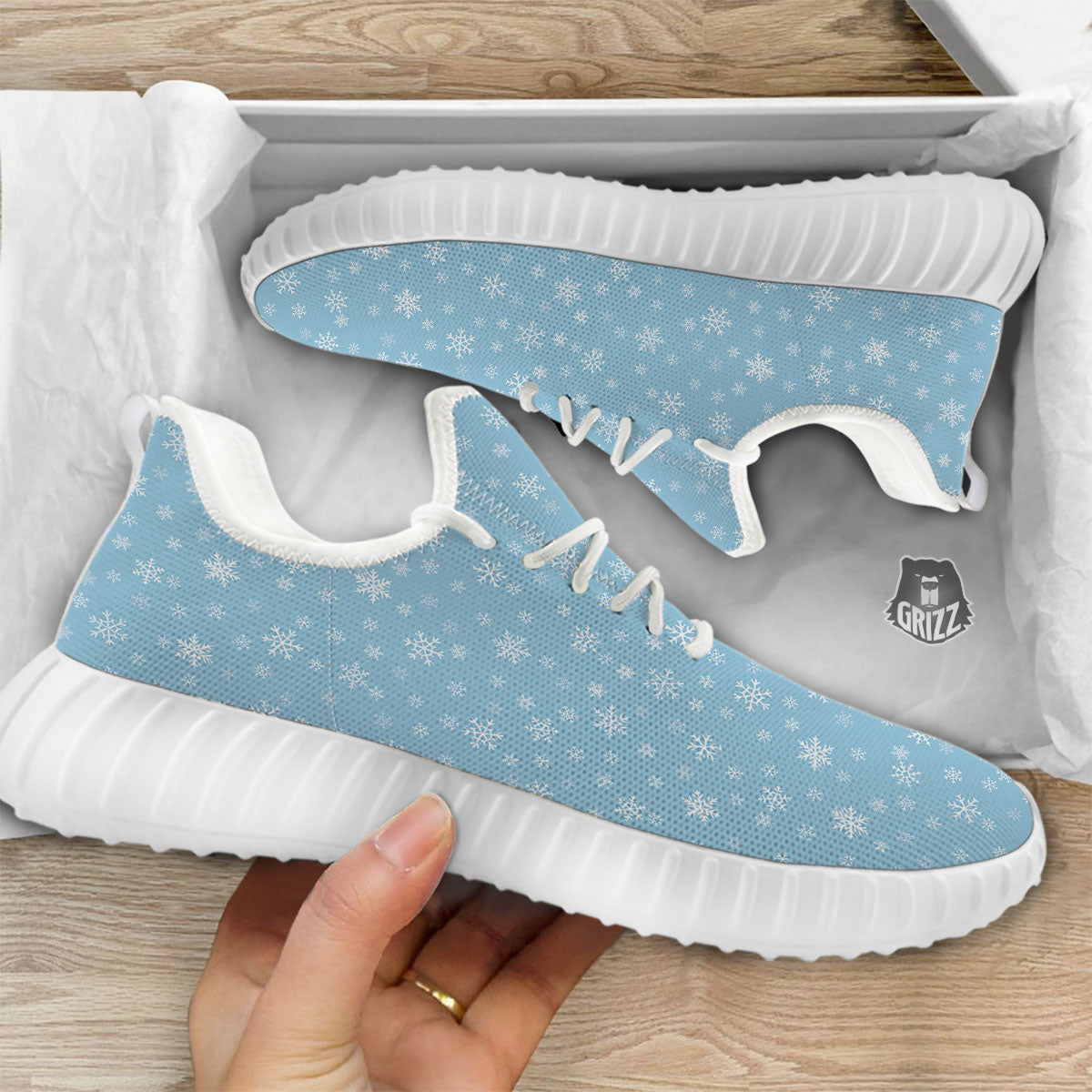 Snowflake Blue Print Pattern White Walking Shoes-grizzshop