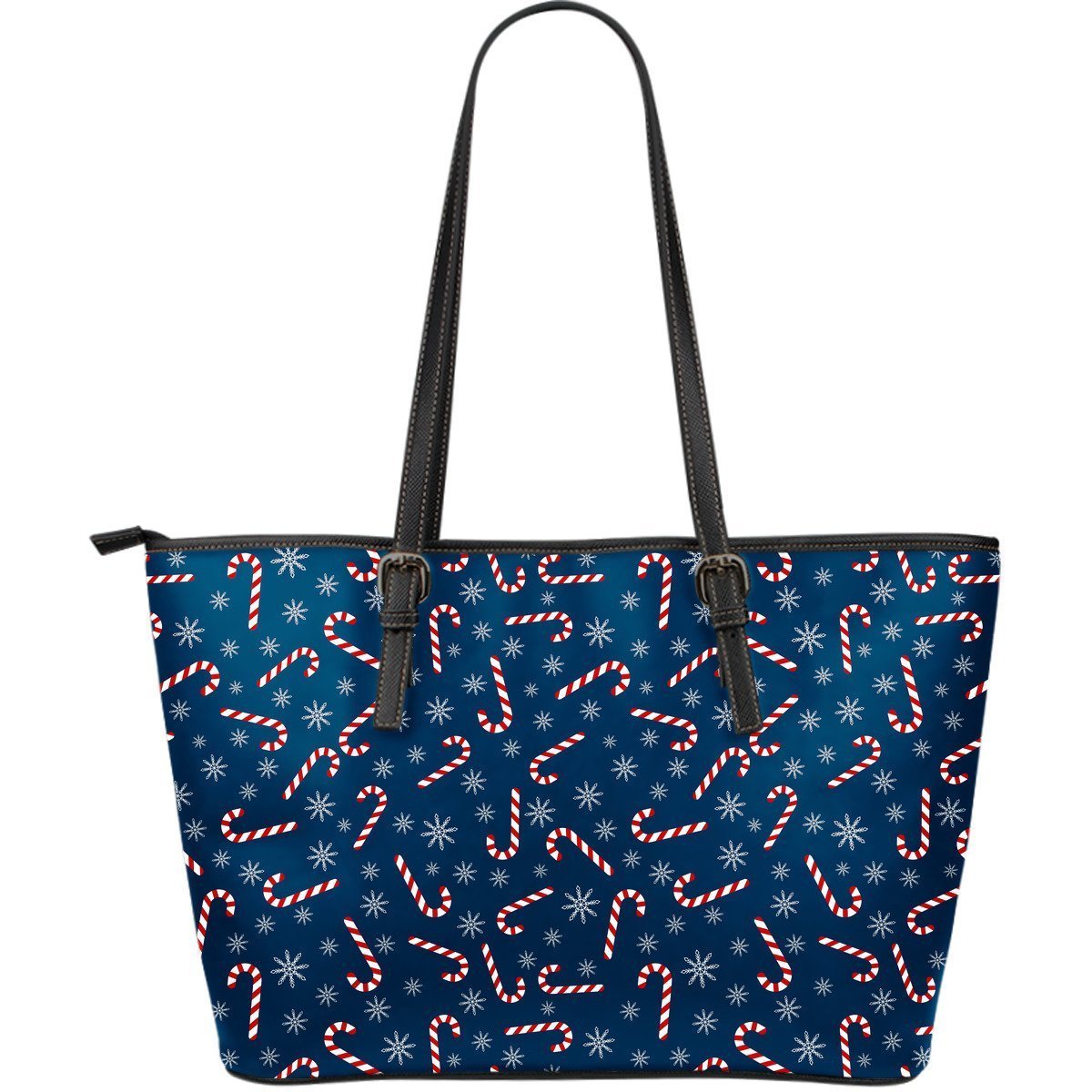 Snowflake Candy Cane Pattern Print Leather Tote Bag-grizzshop