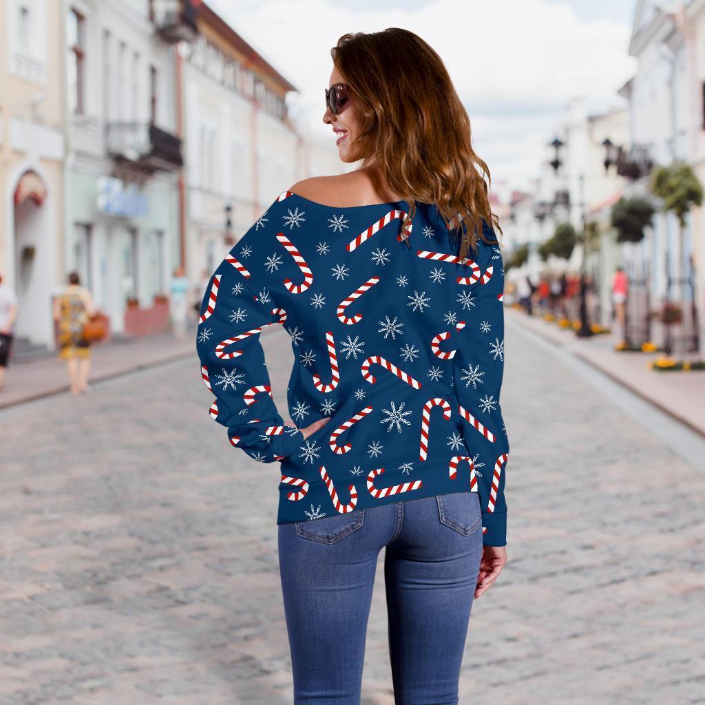 Snowflake Candy Cane Pattern Print Women Off Shoulder Sweatshirt-grizzshop