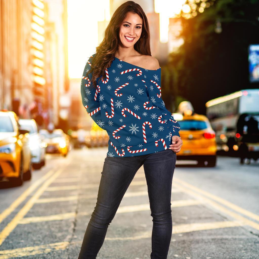 Snowflake Candy Cane Pattern Print Women Off Shoulder Sweatshirt-grizzshop