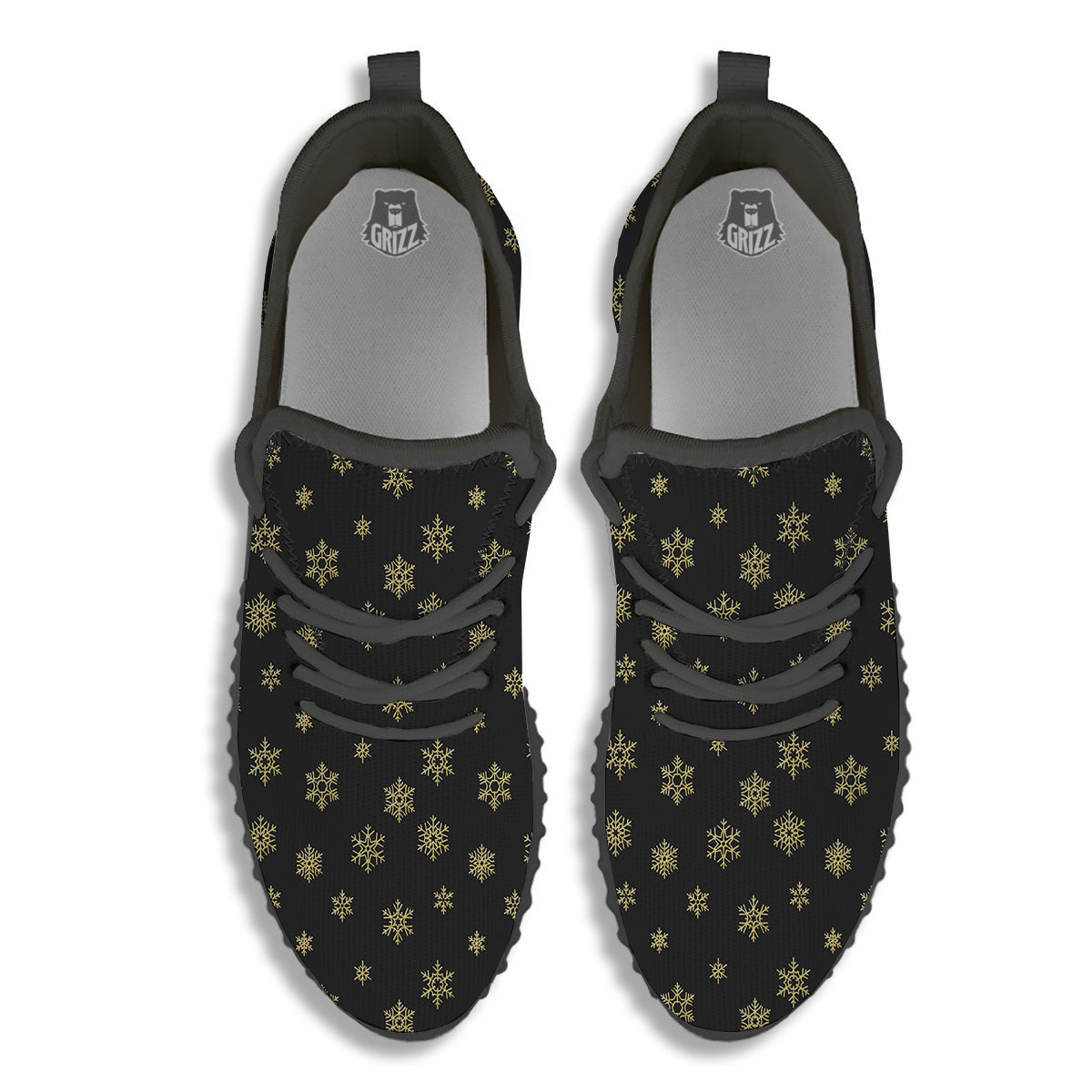Snowflake Gold And Black Print Pattern Black Walking Shoes-grizzshop